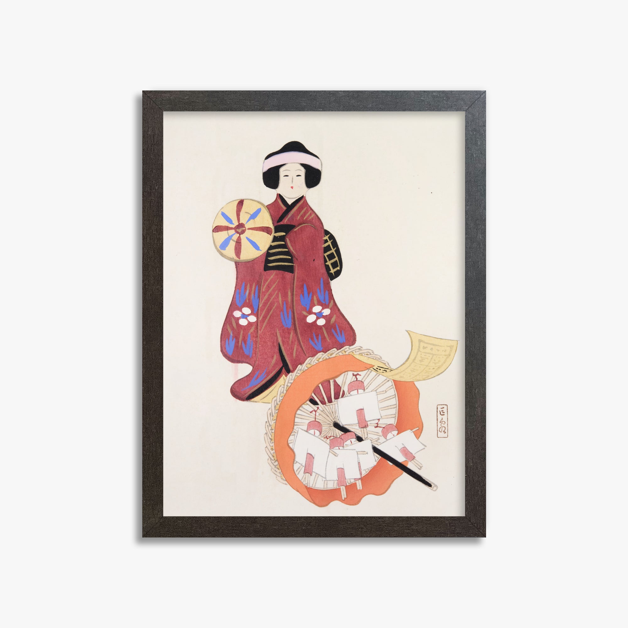 Kawasaki Kyosen: Kyosen’s Collected Illustrations of Japanese Toys Nr. 96 ("Geisha Umbrella Ensemble"), 30x40cm Framed Art Reproduction With Espresso Frame