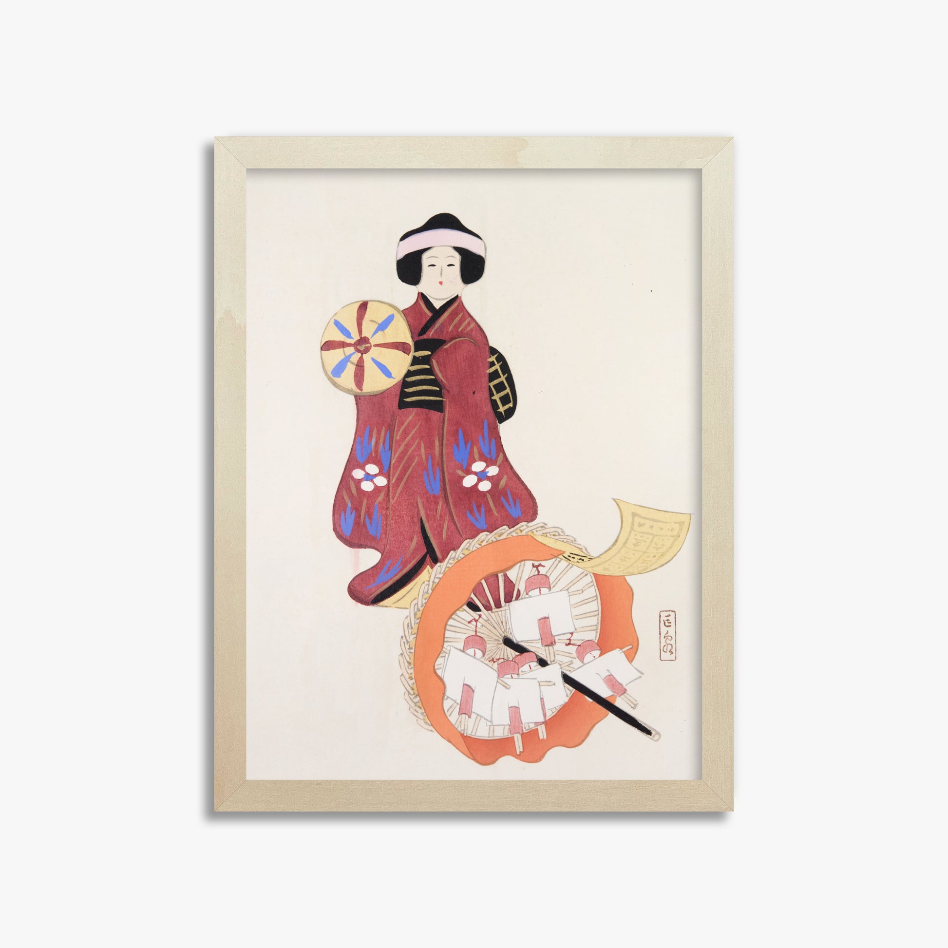 Kawasaki Kyosen: Kyosen’s Collected Illustrations of Japanese Toys Nr. 96 ("Geisha Umbrella Ensemble"), 30x40cm Framed Art Reproduction With Lime Wood Frame