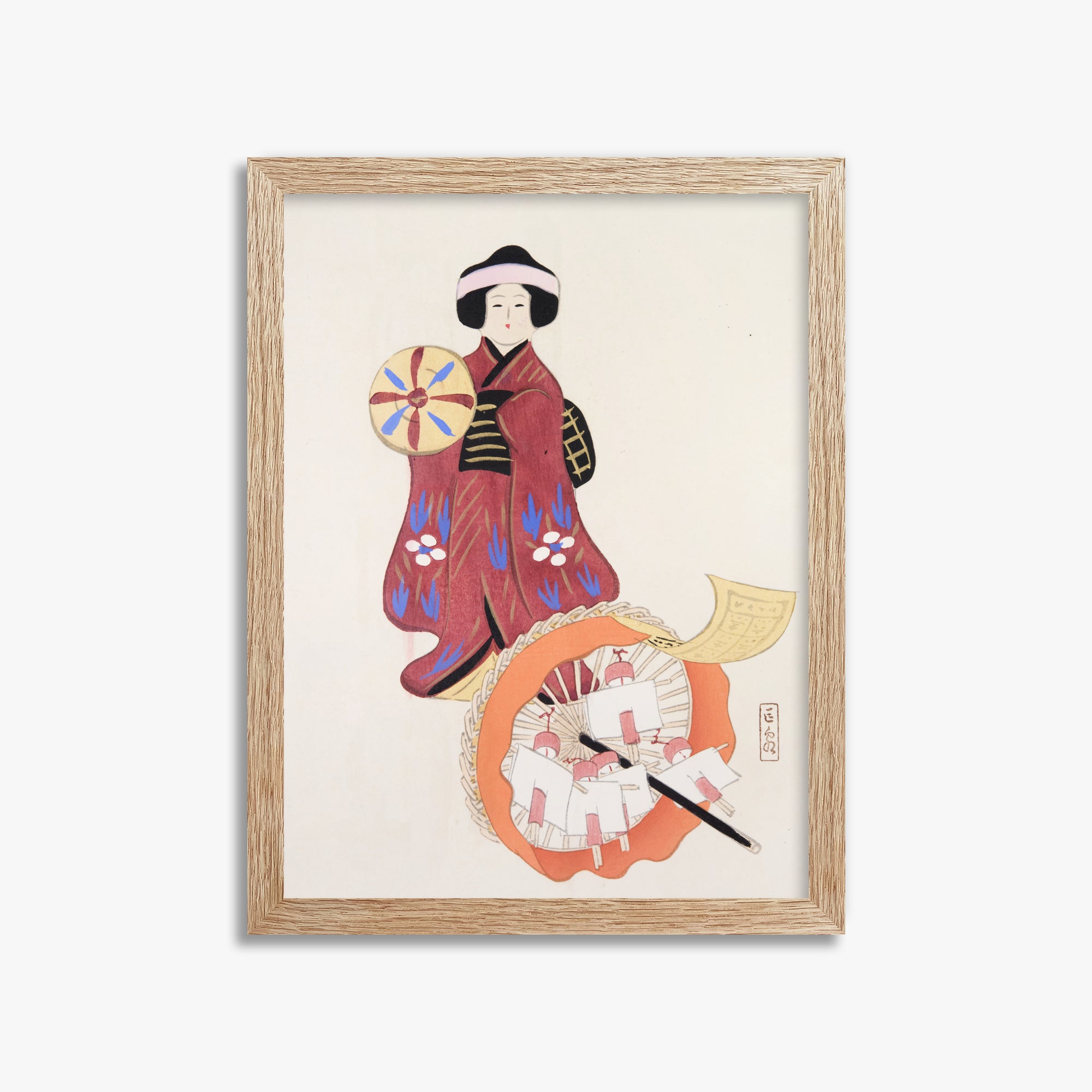 Kawasaki Kyosen: Kyosen’s Collected Illustrations of Japanese Toys Nr. 96 ("Geisha Umbrella Ensemble"), 30x40cm Framed Art Reproduction With Raw Oak Frame
