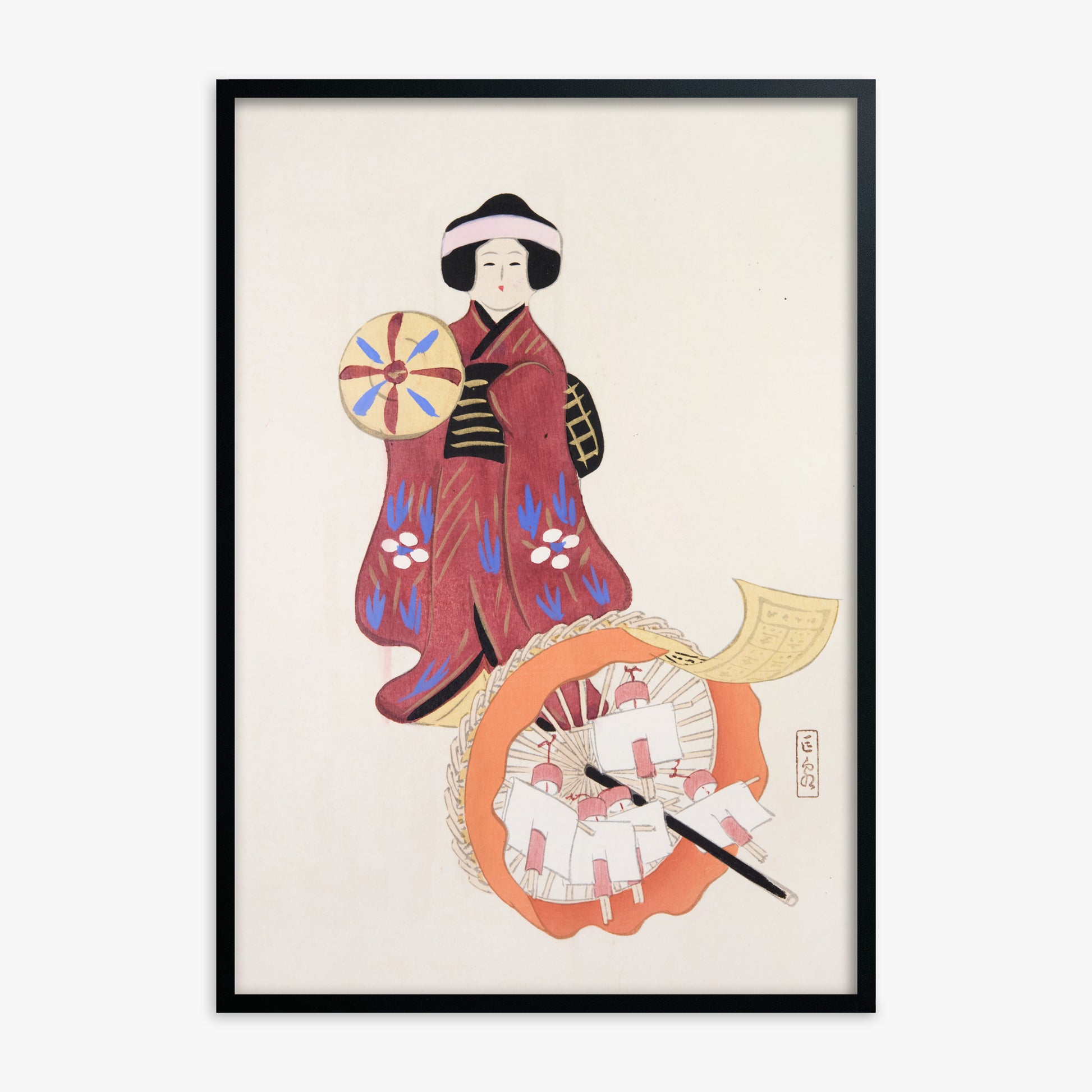 Kawasaki Kyosen: Kyosen’s Collected Illustrations of Japanese Toys Nr. 96 ("Geisha Umbrella Ensemble"), Black Framed Art Reproduction With Black Frame