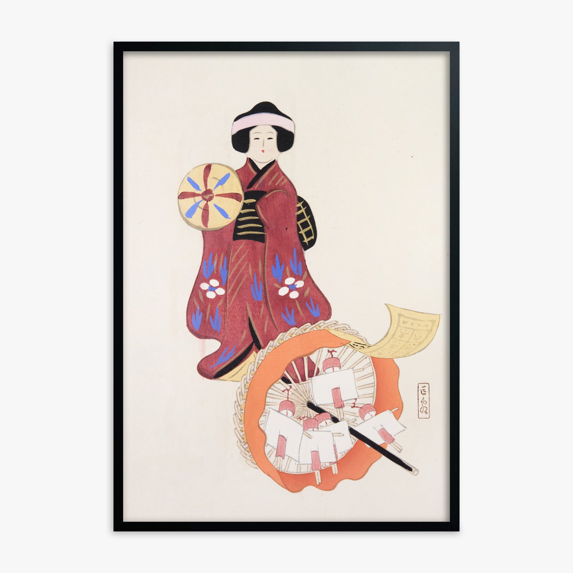 Kawasaki Kyosen: Kyosen’s Collected Illustrations of Japanese Toys Nr. 96 ("Geisha Umbrella Ensemble"), Black Framed Art Reproduction With Black Frame