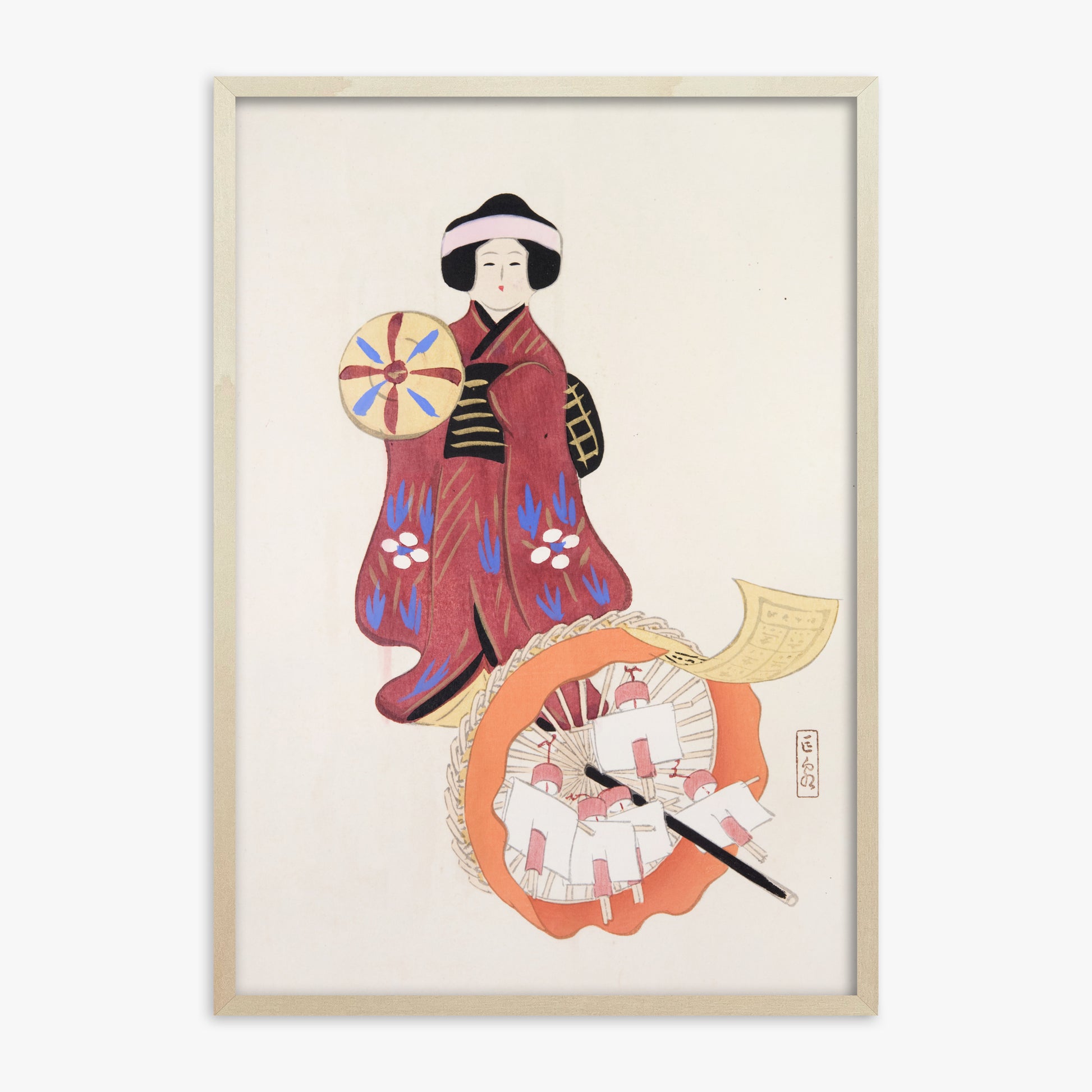 Kawasaki Kyosen: Kyosen’s Collected Illustrations of Japanese Toys Nr. 96 ("Geisha Umbrella Ensemble"), 70x100cm Framed Art Reproduction With Lime Wood Frame