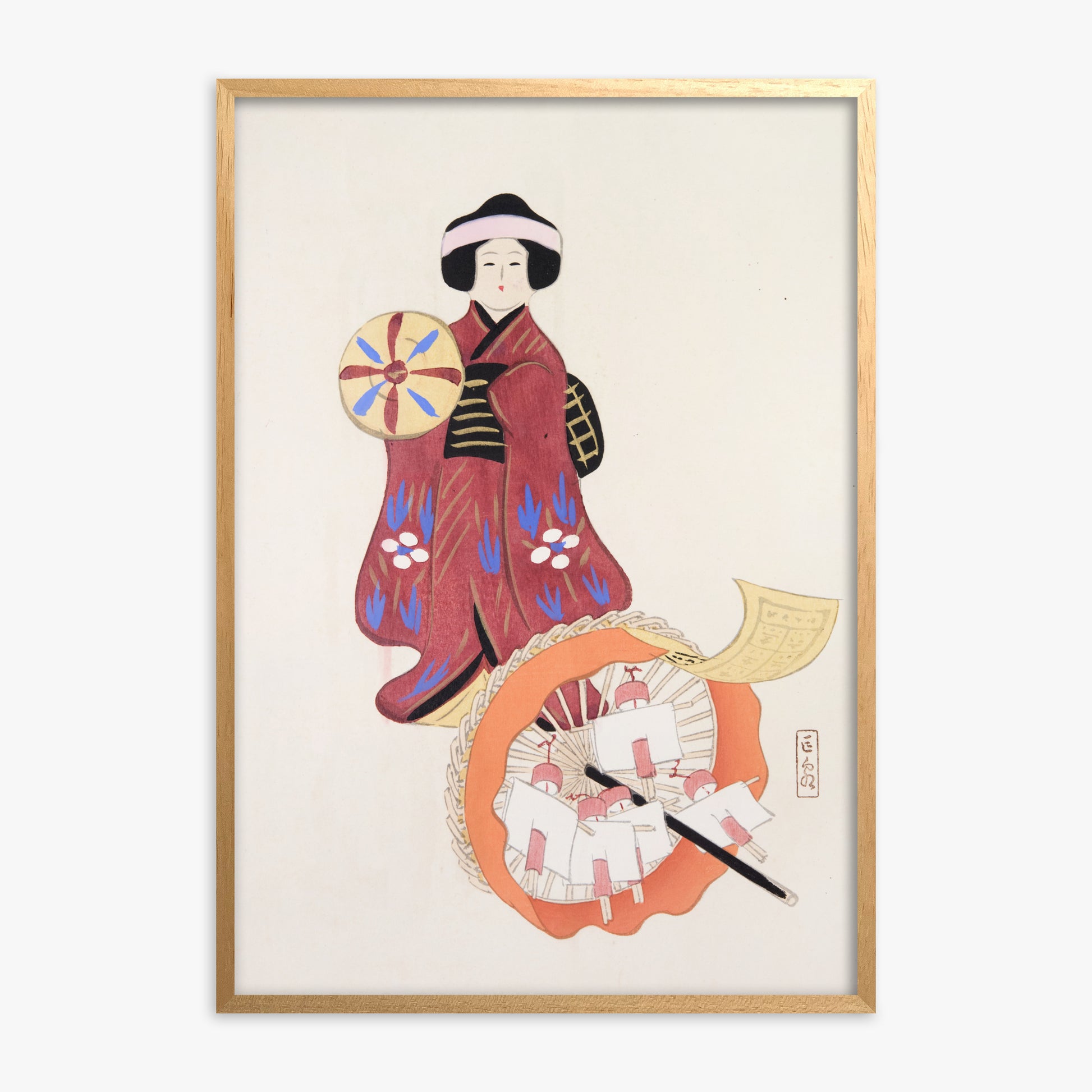 Kawasaki Kyosen: Kyosen’s Collected Illustrations of Japanese Toys Nr. 96 ("Geisha Umbrella Ensemble"), Oak Framed Art Reproduction With Oak Frame