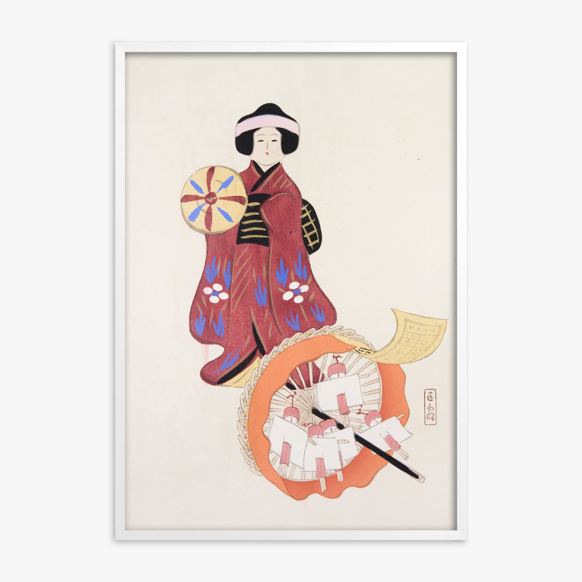 Kawasaki Kyosen: Kyosen’s Collected Illustrations of Japanese Toys Nr. 96 ("Geisha Umbrella Ensemble"), White Framed Art Reproduction With White Frame