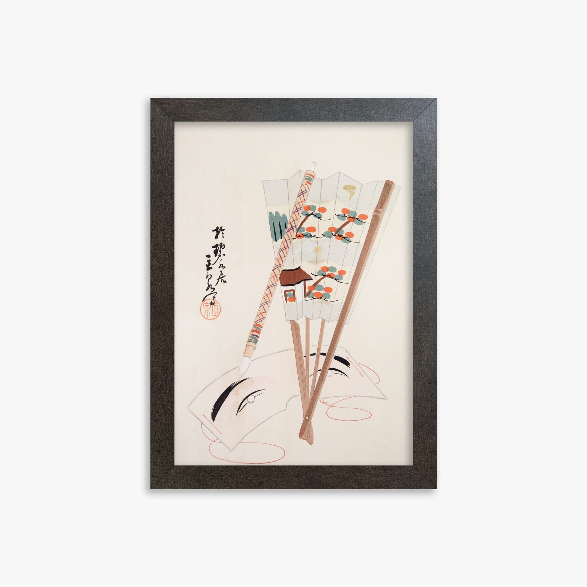 Kawasaki Kyosen: Kyosen’s Collected Illustrations of Japanese Toys Nr. 97 ("Artistic Festival Fan"), 21x30cm Framed Art Reproduction With Espresso Frame