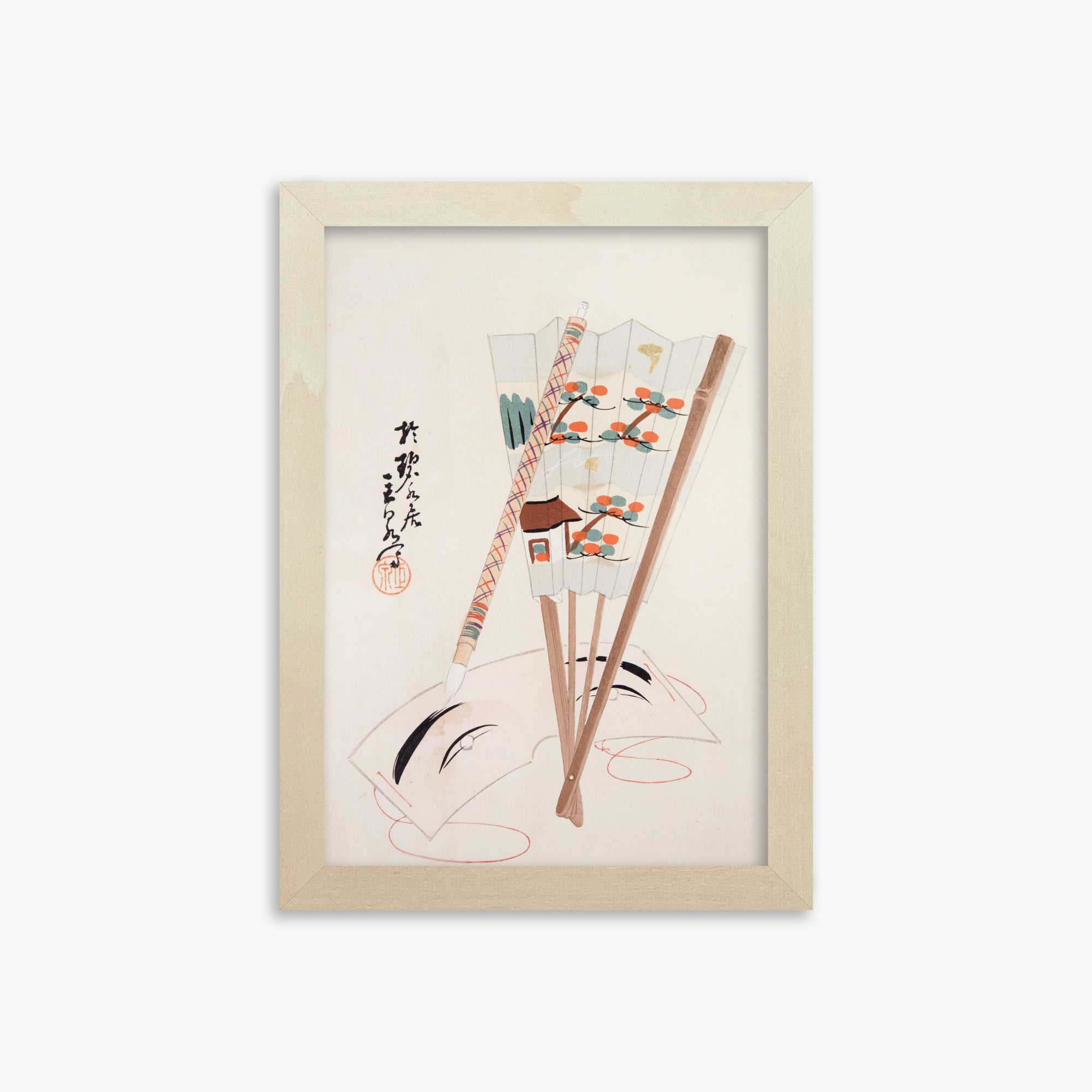 Kawasaki Kyosen: Kyosen’s Collected Illustrations of Japanese Toys Nr. 97 ("Artistic Festival Fan"), 21x30cm Framed Art Reproduction With Lime Wood Frame