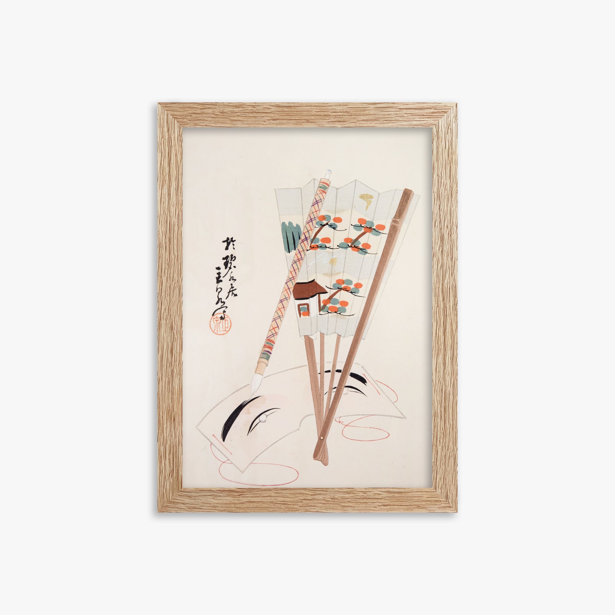 Kawasaki Kyosen: Kyosen’s Collected Illustrations of Japanese Toys Nr. 97 ("Artistic Festival Fan"), 21x30cm Framed Art Reproduction With Raw Oak Frame