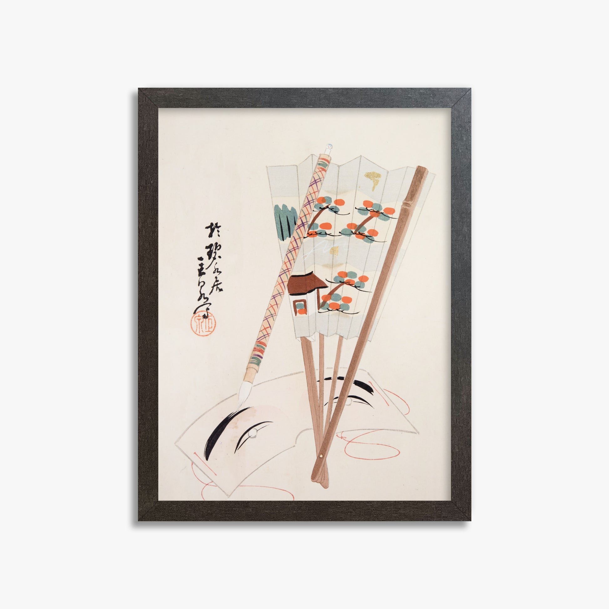 Kawasaki Kyosen: Kyosen’s Collected Illustrations of Japanese Toys Nr. 97 ("Artistic Festival Fan"), 30x40cm Framed Art Reproduction With Espresso Frame