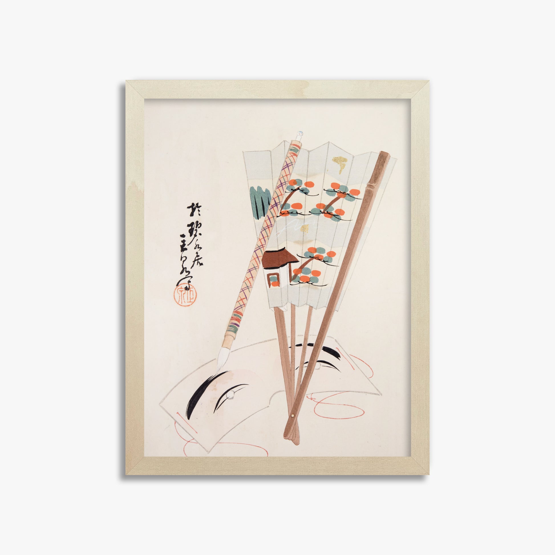 Kawasaki Kyosen: Kyosen’s Collected Illustrations of Japanese Toys Nr. 97 ("Artistic Festival Fan"), 30x40cm Framed Art Reproduction With Lime Wood Frame