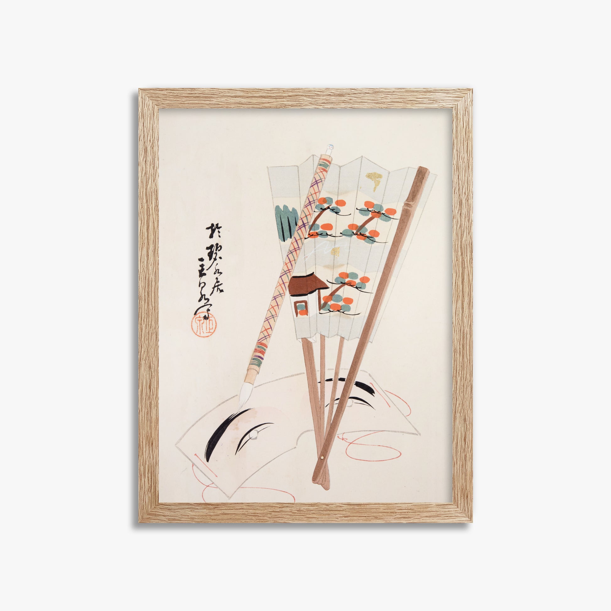 Kawasaki Kyosen: Kyosen’s Collected Illustrations of Japanese Toys Nr. 97 ("Artistic Festival Fan"), 30x40cm Framed Art Reproduction With Raw Oak Frame