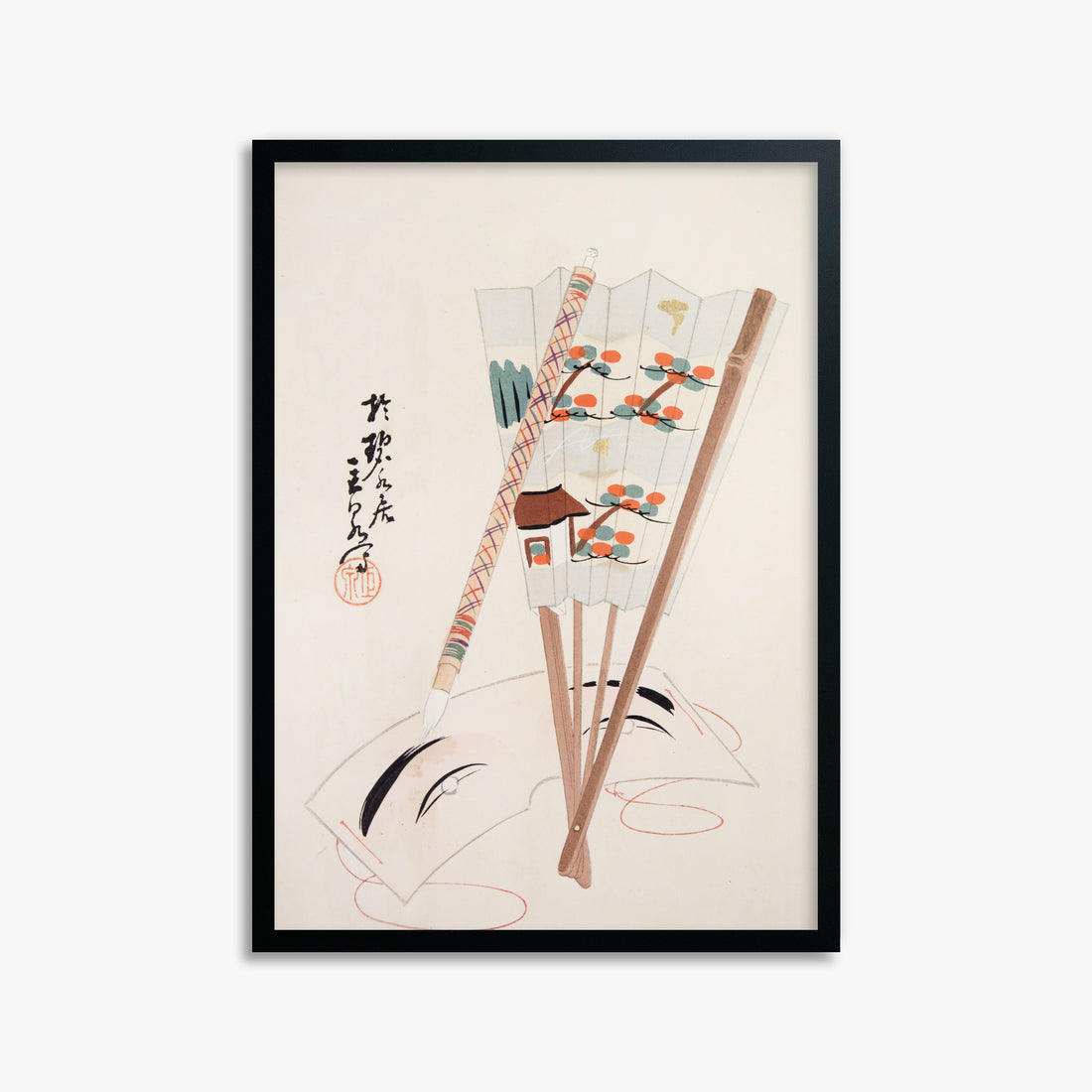 Kawasaki Kyosen: Kyosen’s Collected Illustrations of Japanese Toys Nr. 97 ("Artistic Festival Fan"), 50x70cm Framed Art Reproduction With Black Frame