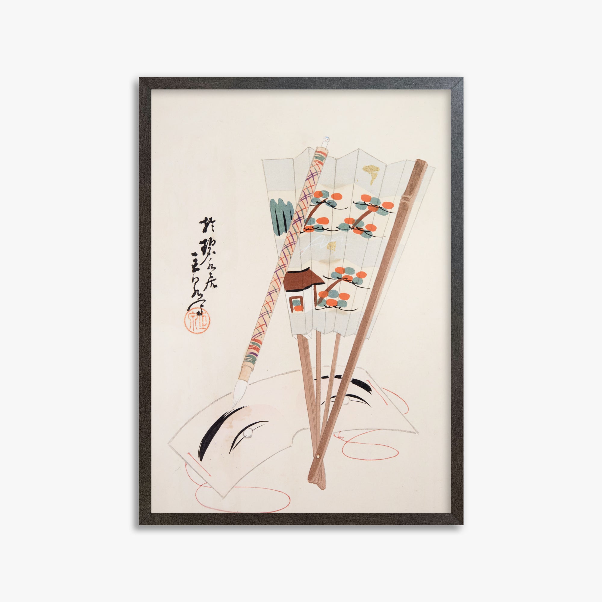 Kawasaki Kyosen: Kyosen’s Collected Illustrations of Japanese Toys Nr. 97 ("Artistic Festival Fan"), 50x70cm Framed Art Reproduction With Espresso Frame