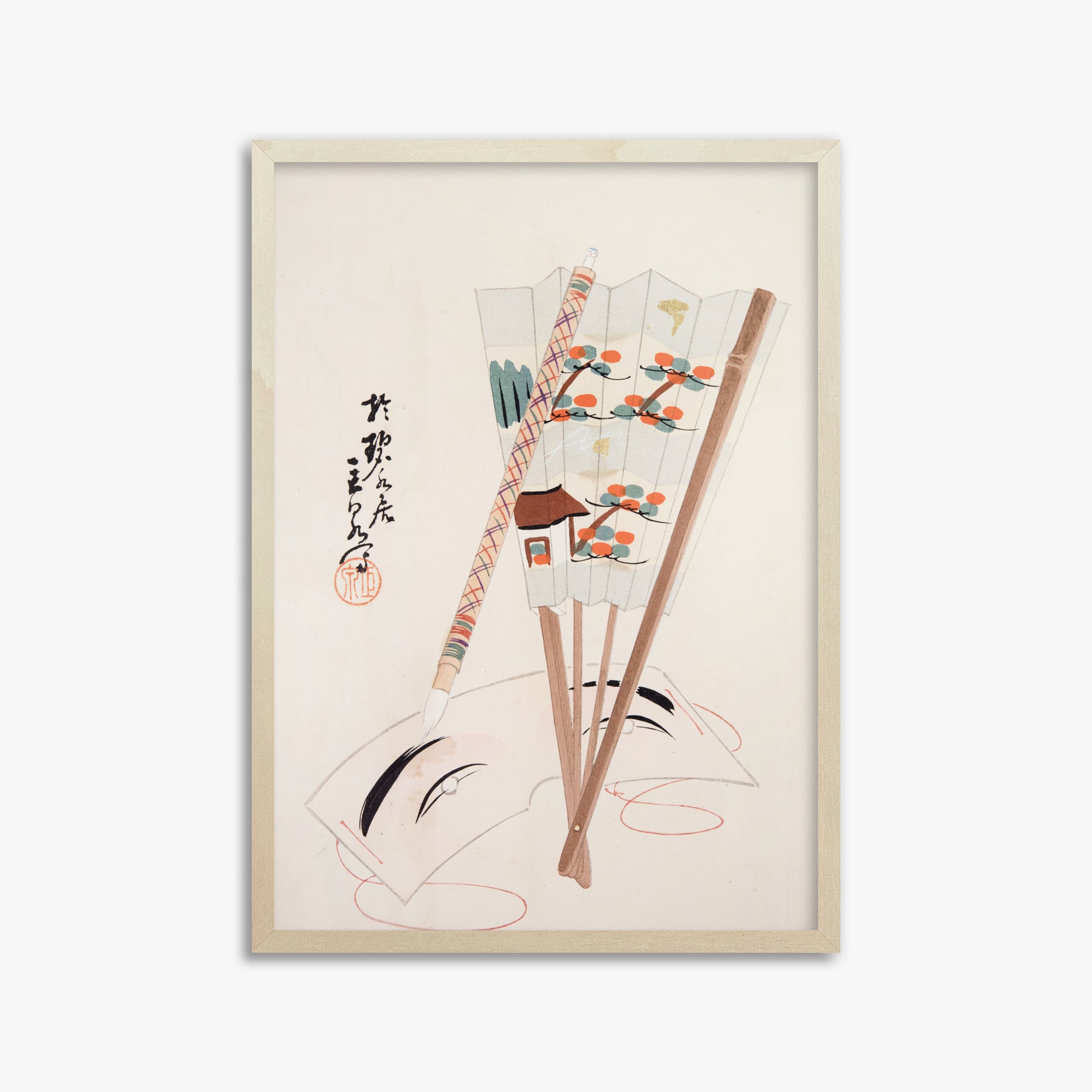 Kawasaki Kyosen: Kyosen’s Collected Illustrations of Japanese Toys Nr. 97 ("Artistic Festival Fan"), 50x70cm Framed Art Reproduction With Lime Wood Frame