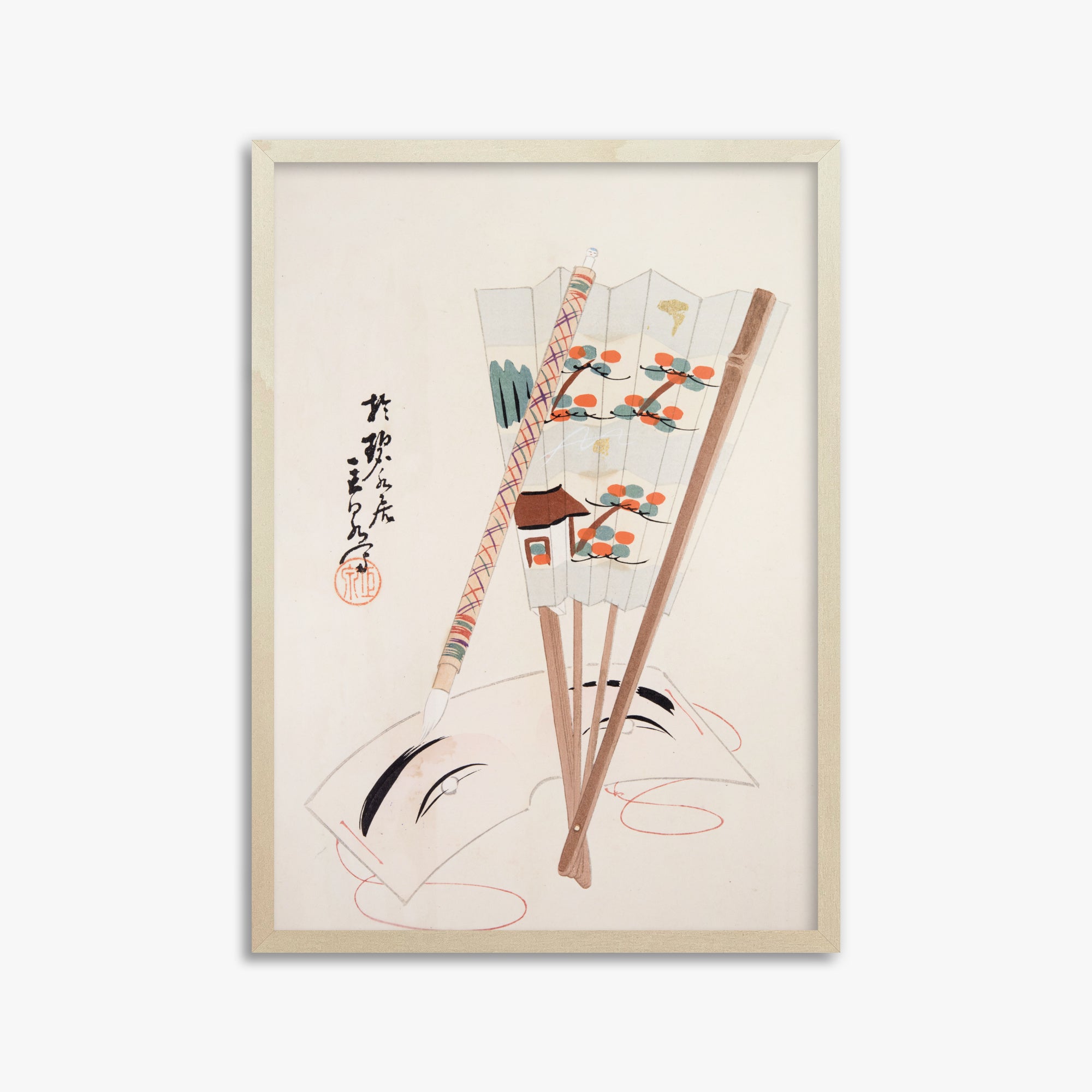 Kawasaki Kyosen: Kyosen’s Collected Illustrations of Japanese Toys Nr. 97 ("Artistic Festival Fan"), 50x70cm Framed Art Reproduction With Lime Wood Frame
