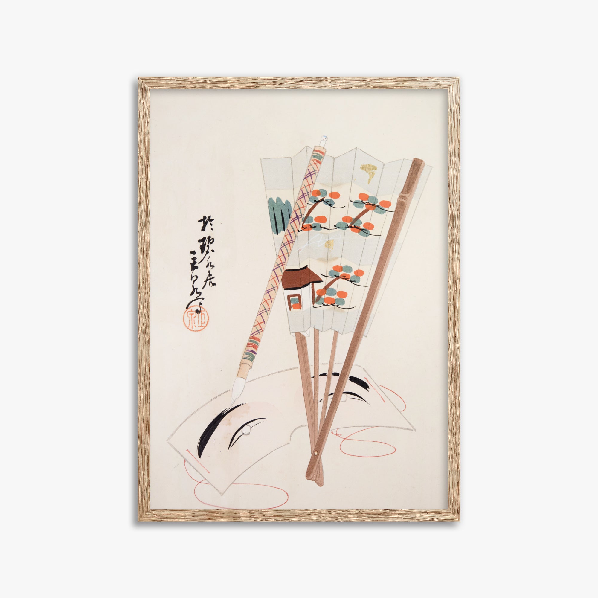 Kawasaki Kyosen: Kyosen’s Collected Illustrations of Japanese Toys Nr. 97 ("Artistic Festival Fan"), 50x70cm Framed Art Reproduction With Raw Oak Frame