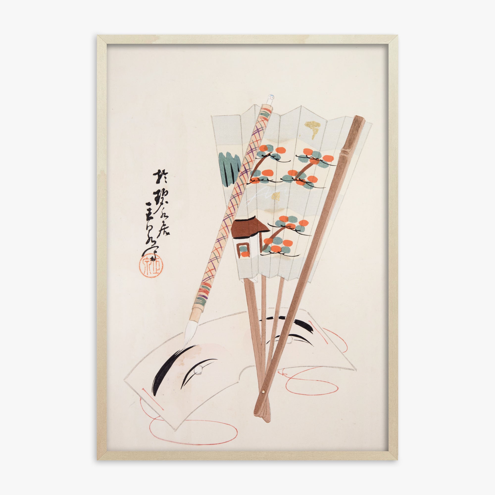 Kawasaki Kyosen: Kyosen’s Collected Illustrations of Japanese Toys Nr. 97 ("Artistic Festival Fan"), 70x100cm Framed Art Reproduction With Lime Wood Frame