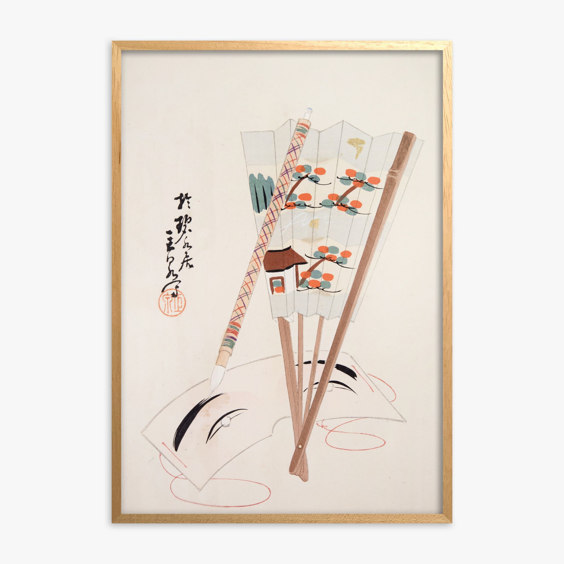 Kawasaki Kyosen: Kyosen’s Collected Illustrations of Japanese Toys Nr. 97 ("Artistic Festival Fan"), Oak Framed Art Reproduction With Oak Frame
