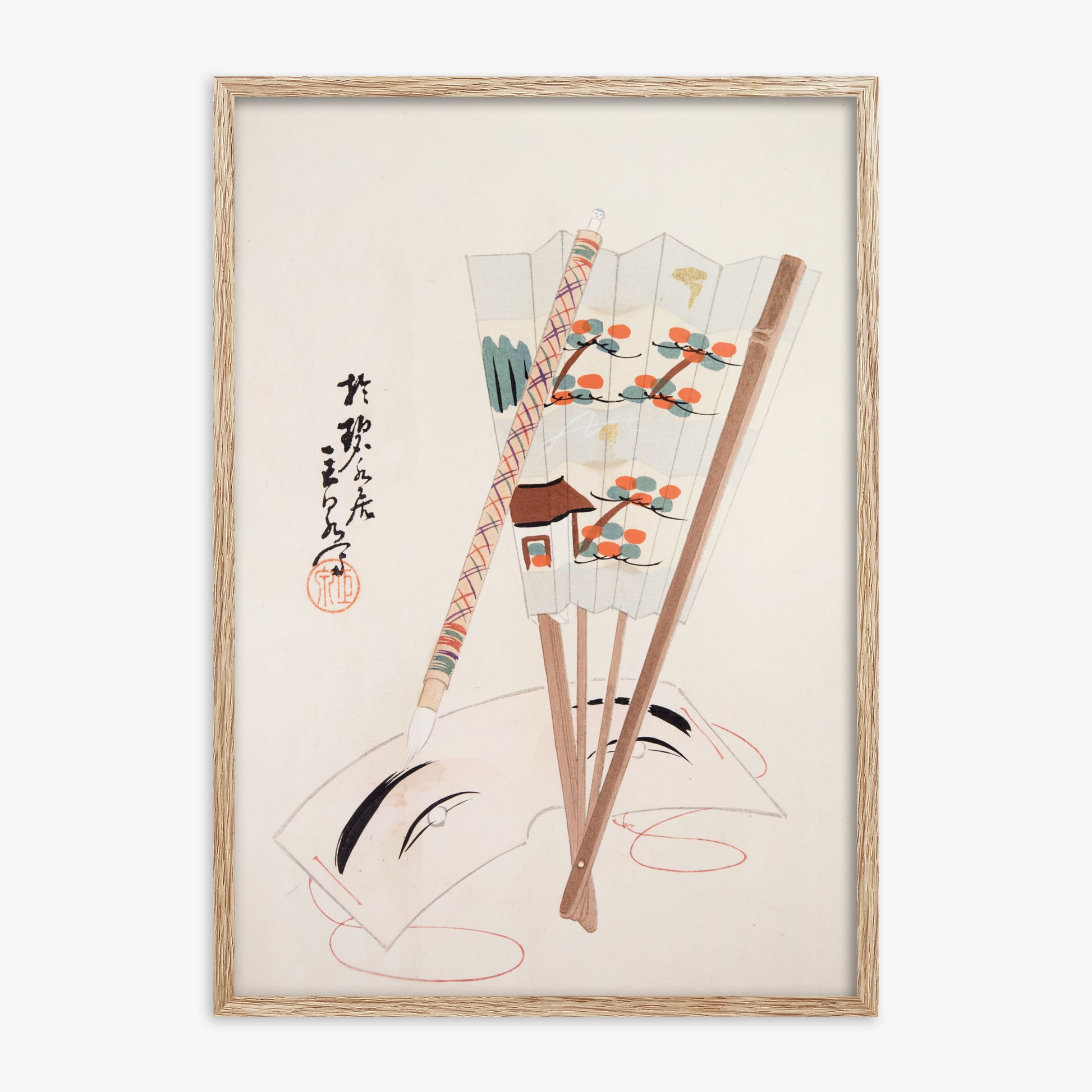 Kawasaki Kyosen: Kyosen’s Collected Illustrations of Japanese Toys Nr. 97 ("Artistic Festival Fan"), 70x100cm Framed Art Reproduction With Raw Oak Frame