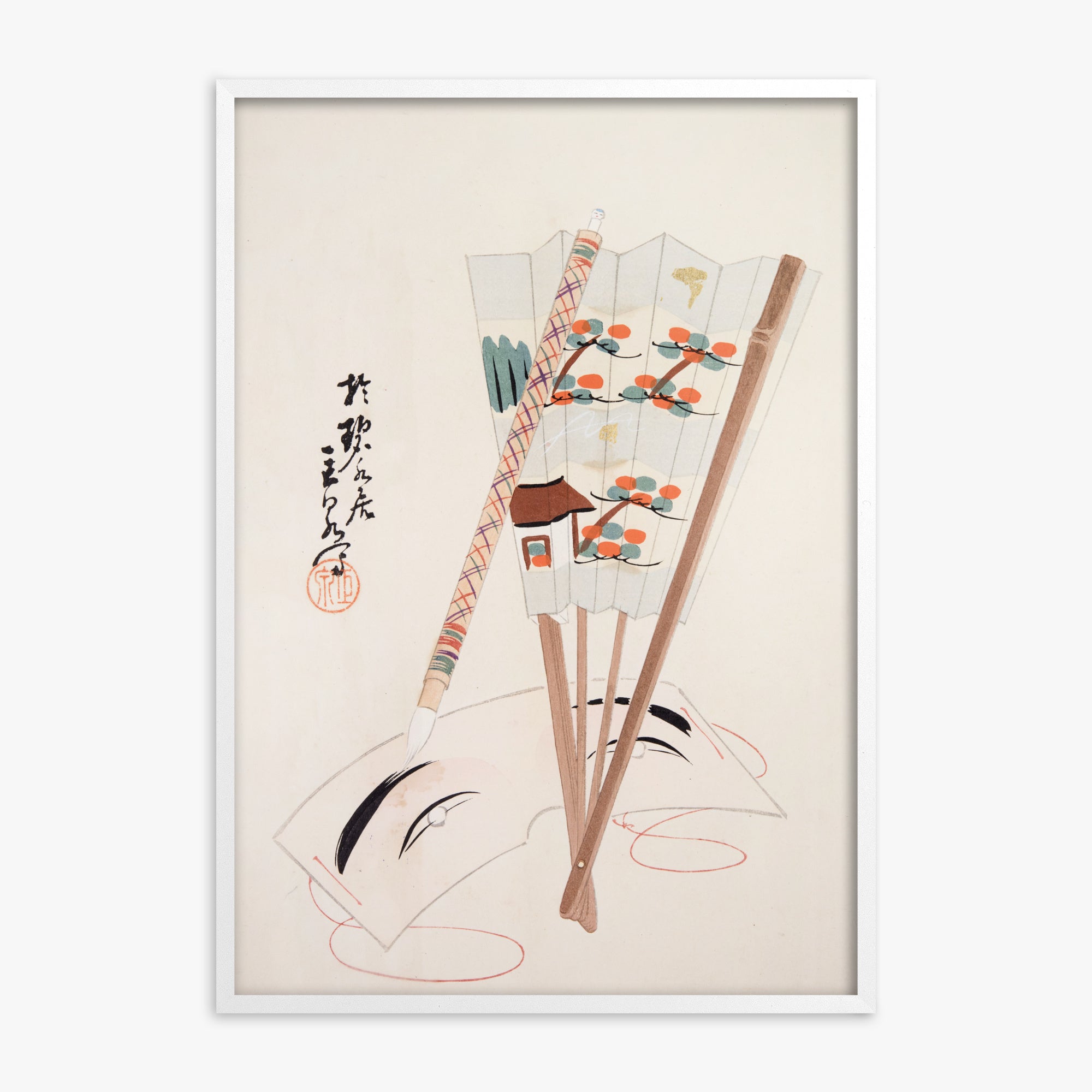 Kawasaki Kyosen: Kyosen’s Collected Illustrations of Japanese Toys Nr. 97 ("Artistic Festival Fan"), White Framed Art Reproduction With White Frame