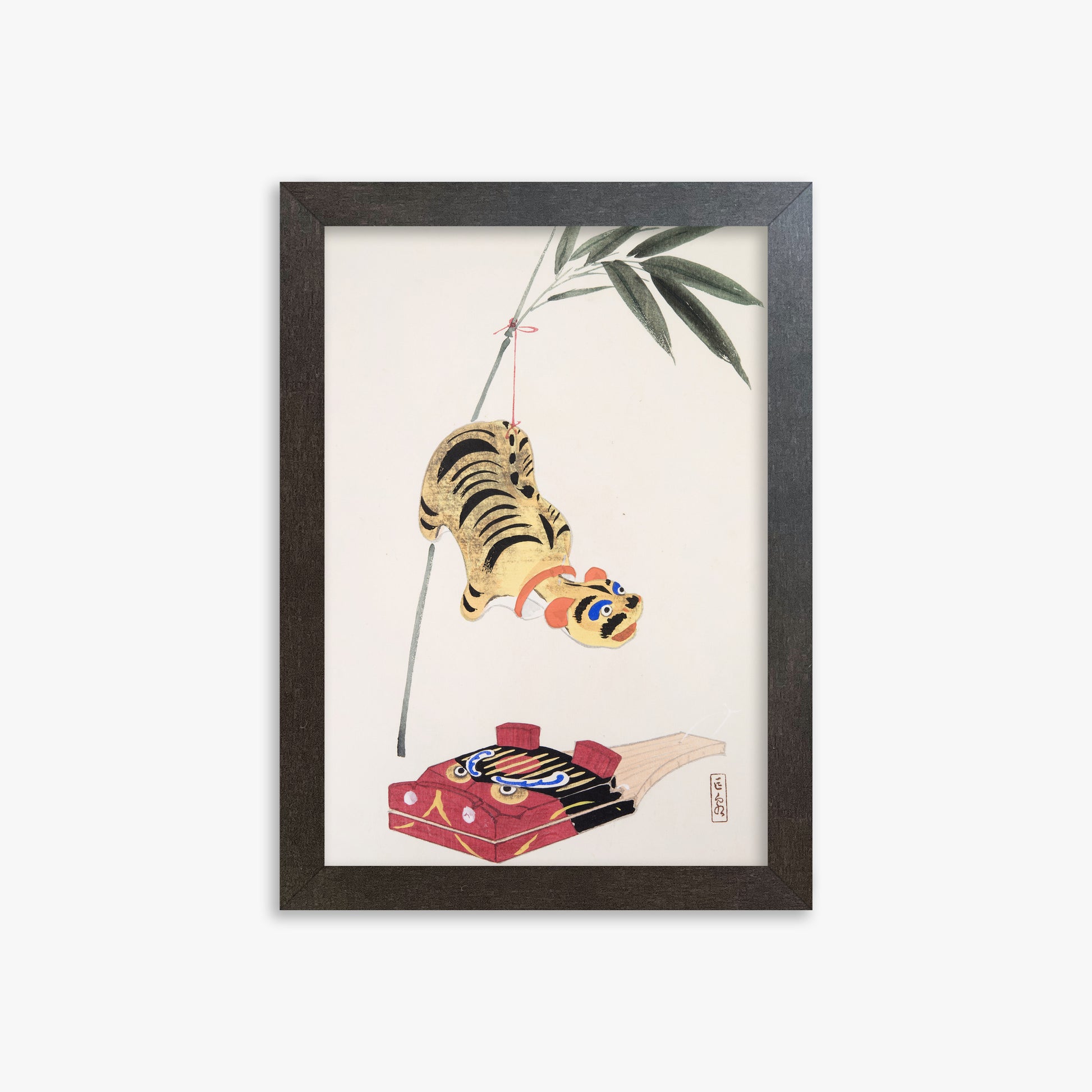 Kawasaki Kyosen: Kyosen’s Collected Illustrations of Japanese Toys Nr. 98 ("Golden Tiger Swing"), 21x30cm Framed Art Reproduction With Espresso Frame