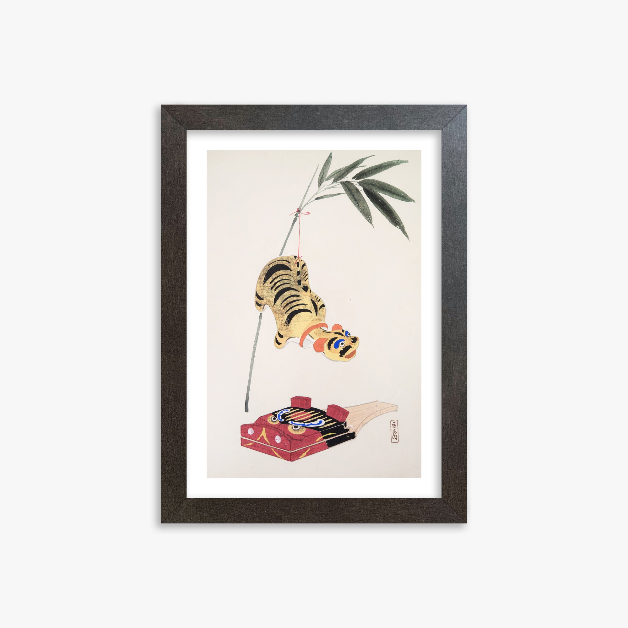 Kawasaki Kyosen: Kyosen’s Collected Illustrations of Japanese Toys Nr. 98 ("Golden Tiger Swing"), 21x30cm Framed Art Reproduction With Espresso Frame