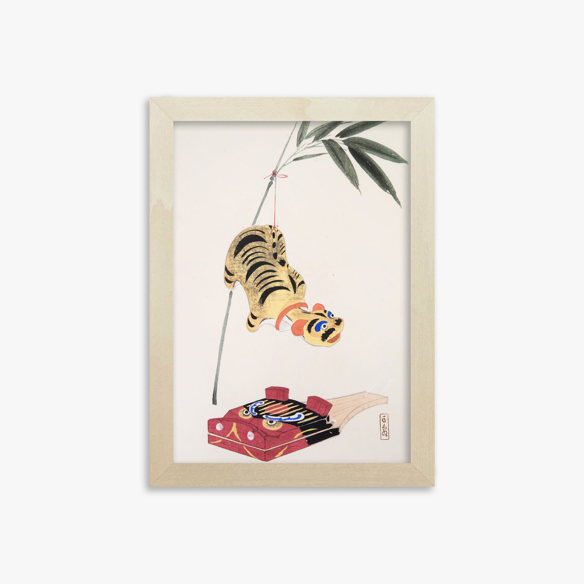 Kawasaki Kyosen: Kyosen’s Collected Illustrations of Japanese Toys Nr. 98 ("Golden Tiger Swing"), 21x30cm Framed Art Reproduction With Lime Wood Frame