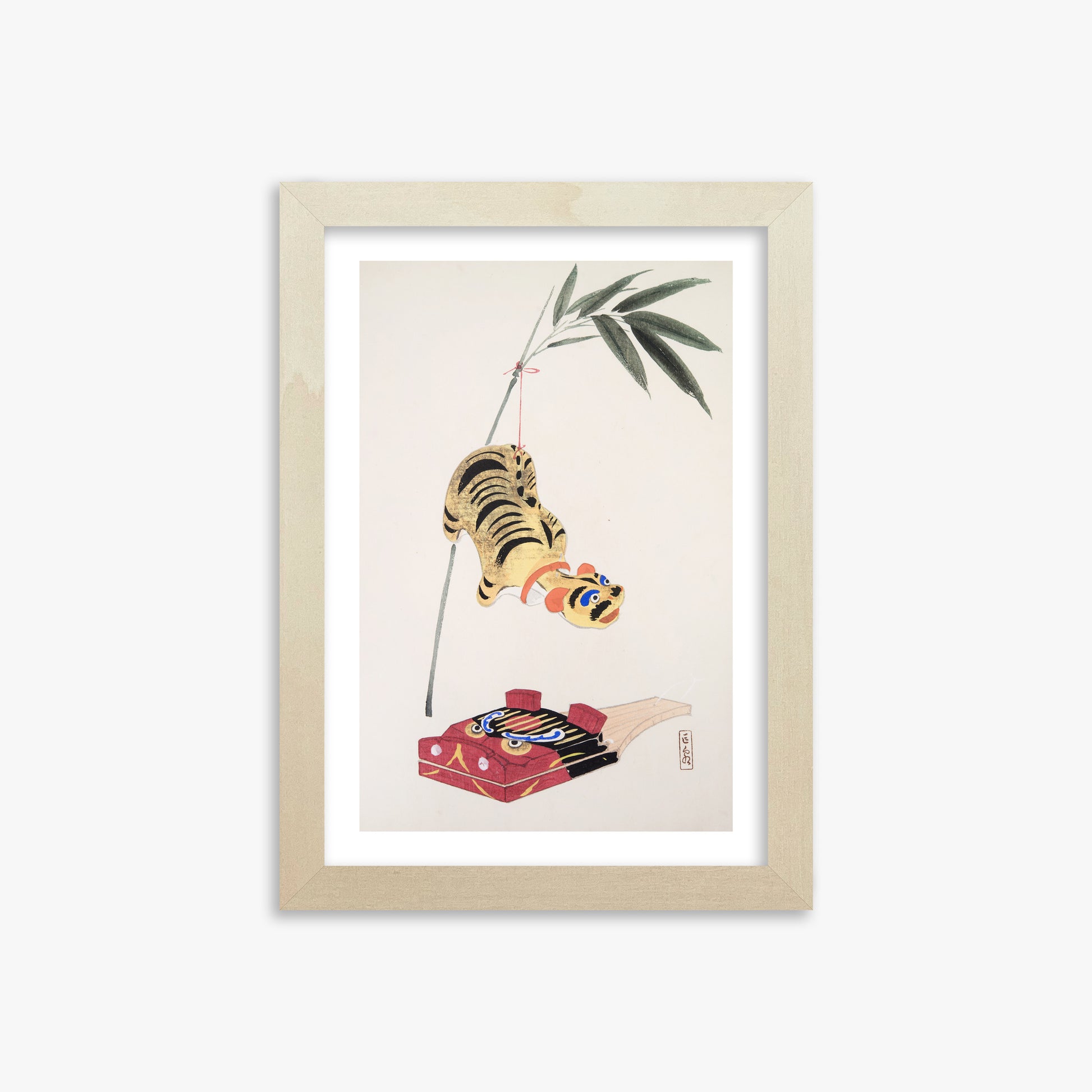 Kawasaki Kyosen: Kyosen’s Collected Illustrations of Japanese Toys Nr. 98 ("Golden Tiger Swing"), 21x30cm Framed Art Reproduction With Lime Wood Frame