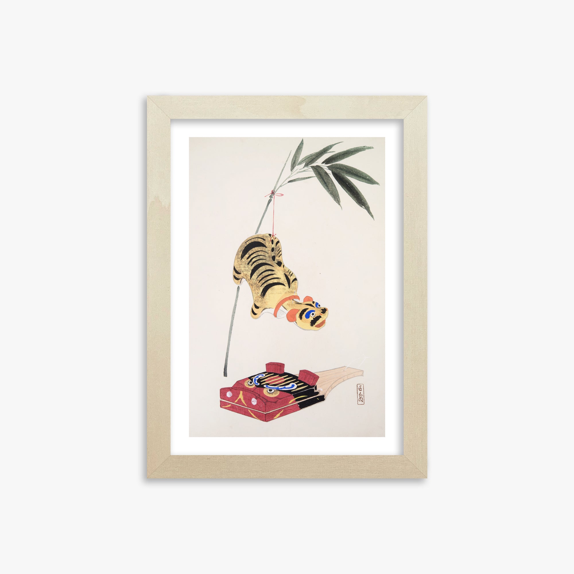 Kawasaki Kyosen: Kyosen’s Collected Illustrations of Japanese Toys Nr. 98 ("Golden Tiger Swing"), 21x30cm Framed Art Reproduction With Lime Wood Frame