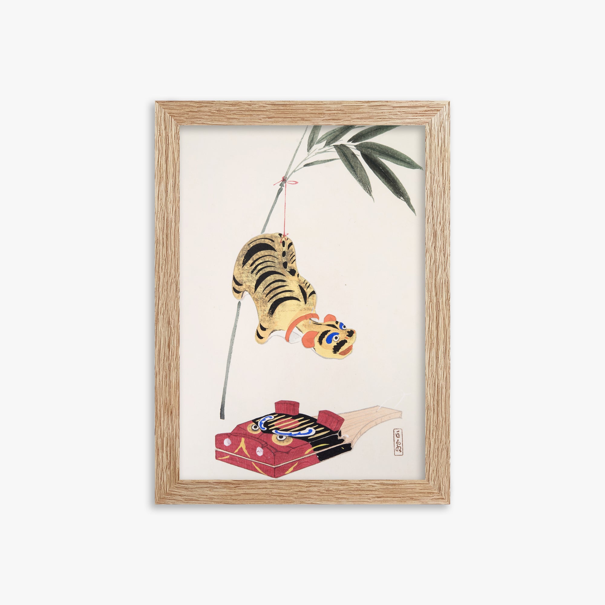 Kawasaki Kyosen: Kyosen’s Collected Illustrations of Japanese Toys Nr. 98 ("Golden Tiger Swing"), 21x30cm Framed Art Reproduction With Raw Oak Frame