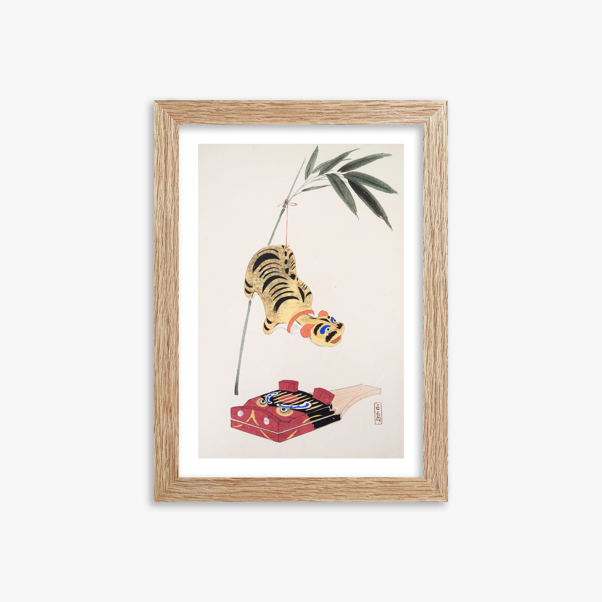Kawasaki Kyosen: Kyosen’s Collected Illustrations of Japanese Toys Nr. 98 ("Golden Tiger Swing"), 21x30cm Framed Art Reproduction With Raw Oak Frame