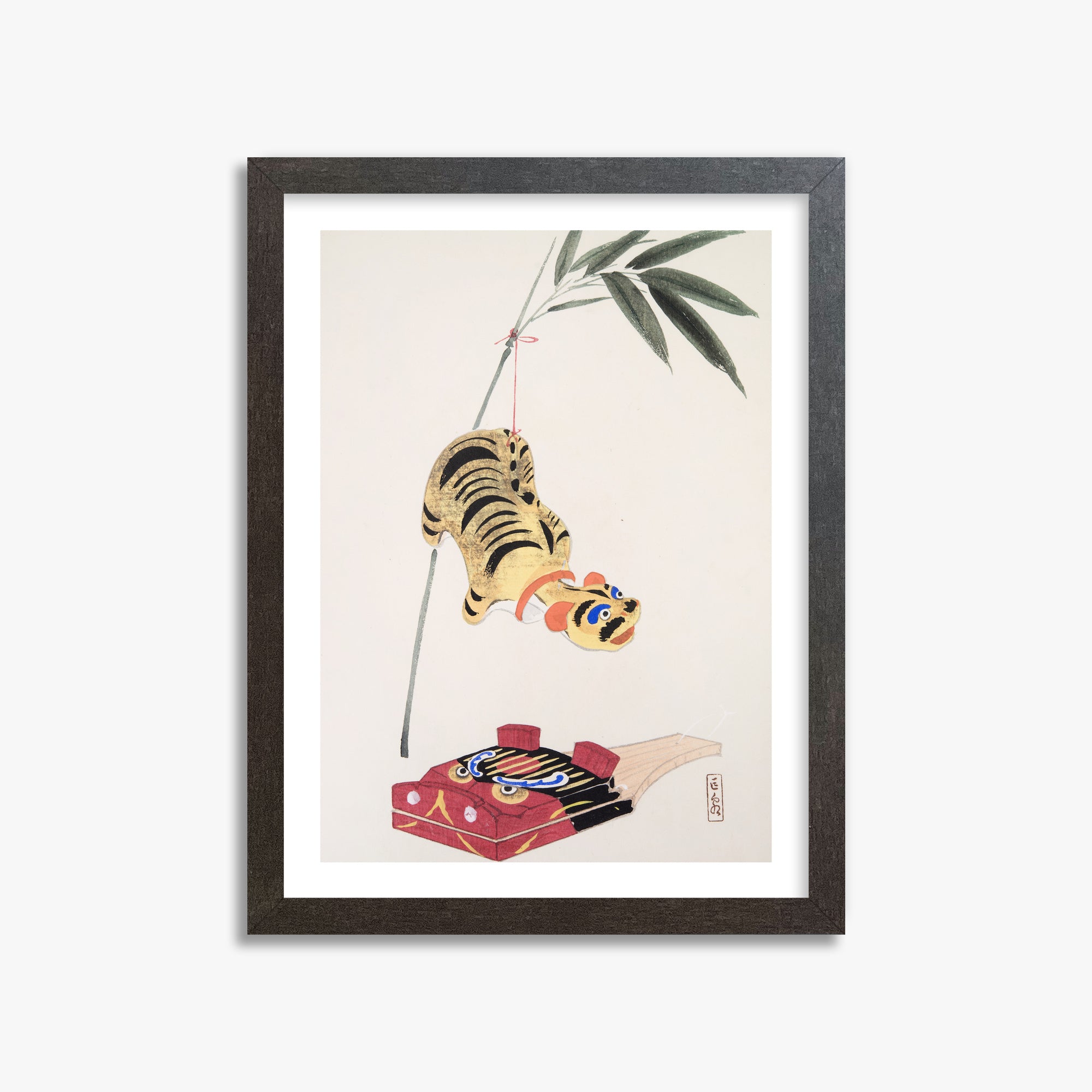Kawasaki Kyosen: Kyosen’s Collected Illustrations of Japanese Toys Nr. 98 ("Golden Tiger Swing"), 30x40cm Framed Art Reproduction With Espresso Frame