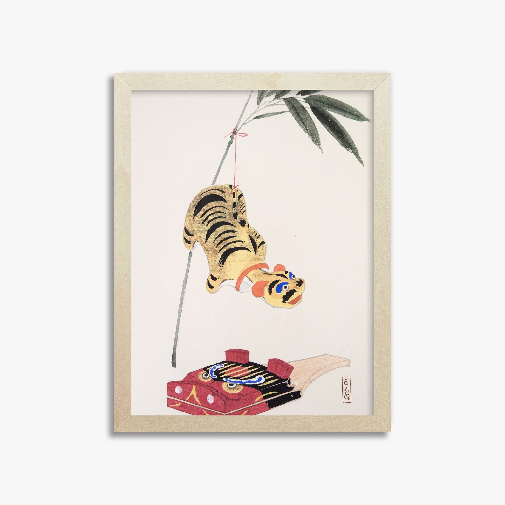 Kawasaki Kyosen: Kyosen’s Collected Illustrations of Japanese Toys Nr. 98 ("Golden Tiger Swing"), 30x40cm Framed Art Reproduction With Lime Wood Frame
