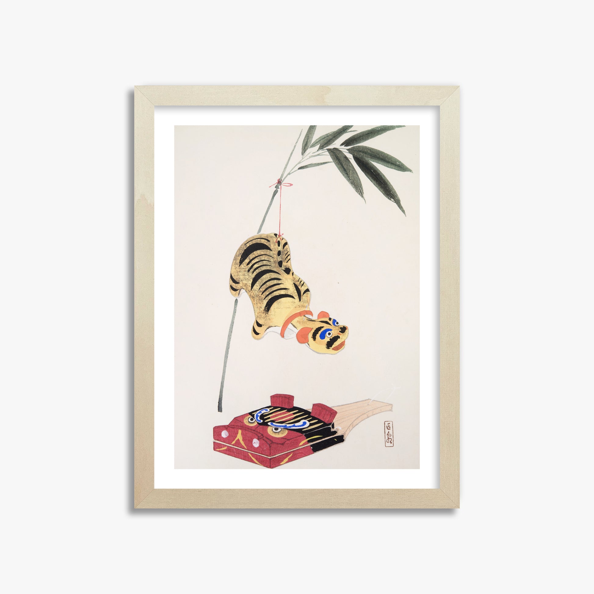 Kawasaki Kyosen: Kyosen’s Collected Illustrations of Japanese Toys Nr. 98 ("Golden Tiger Swing"), 30x40cm Framed Art Reproduction With Lime Wood Frame