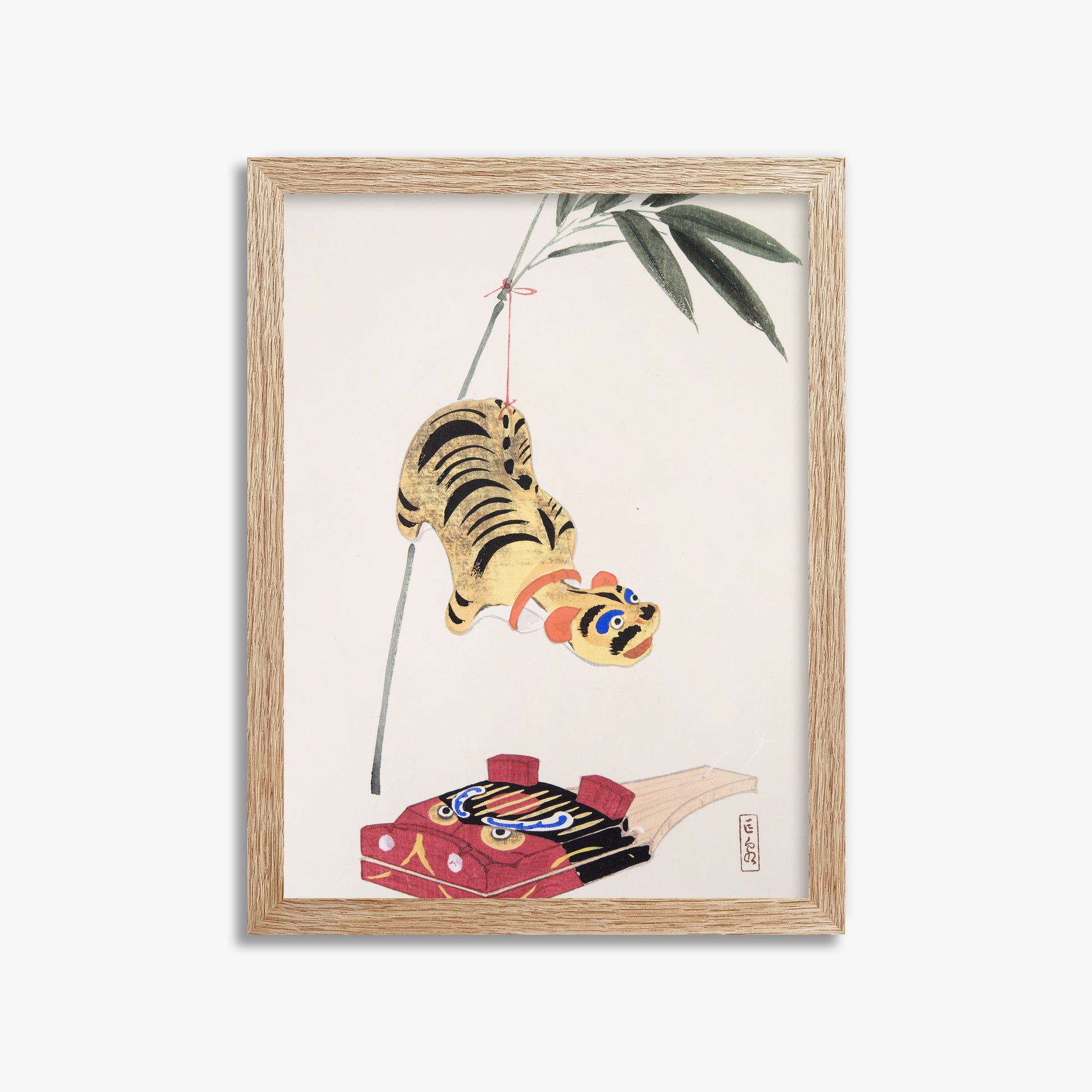 Kawasaki Kyosen: Kyosen’s Collected Illustrations of Japanese Toys Nr. 98 ("Golden Tiger Swing"), 30x40cm Framed Art Reproduction With Raw Oak Frame