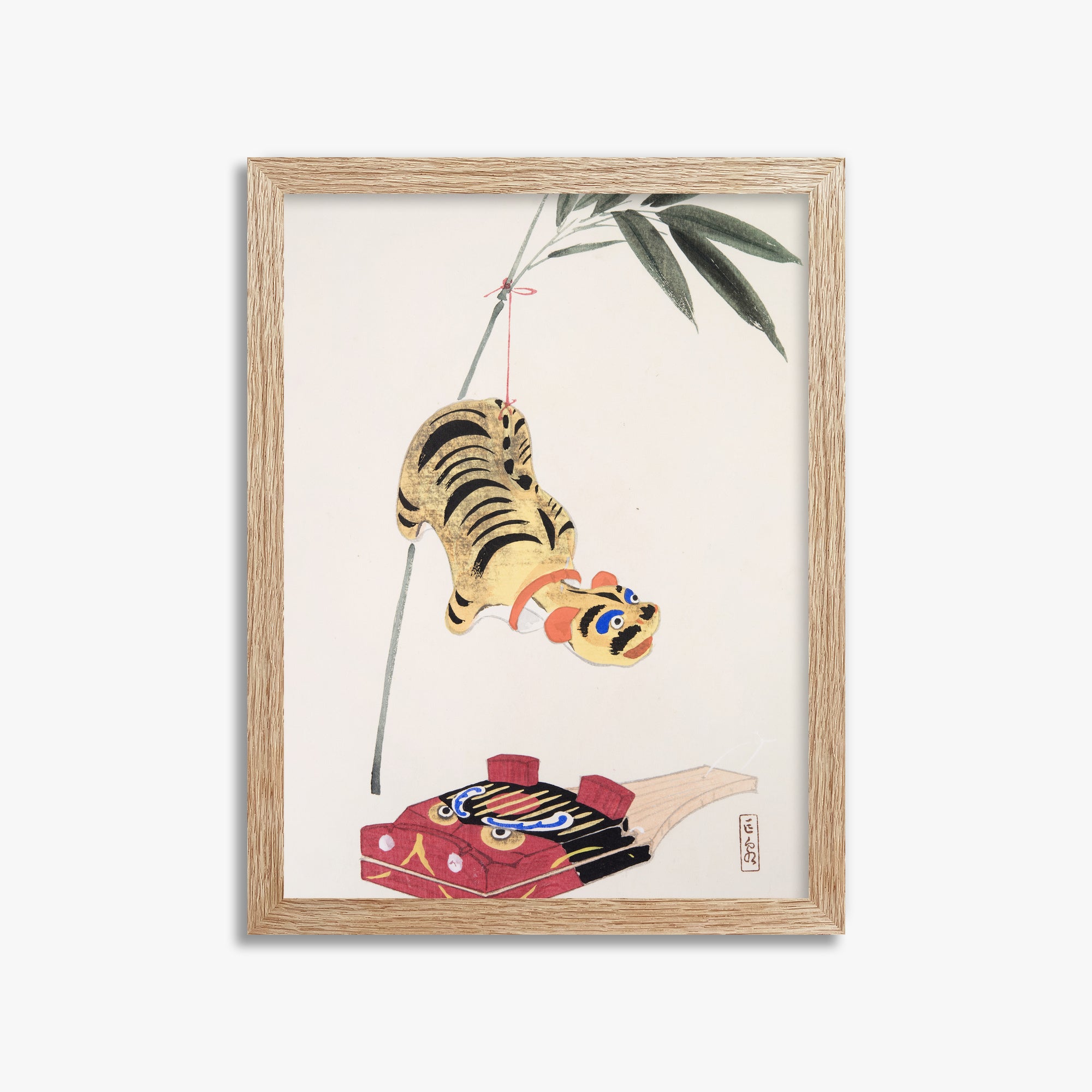 Kawasaki Kyosen: Kyosen’s Collected Illustrations of Japanese Toys Nr. 98 ("Golden Tiger Swing"), 30x40cm Framed Art Reproduction With Raw Oak Frame