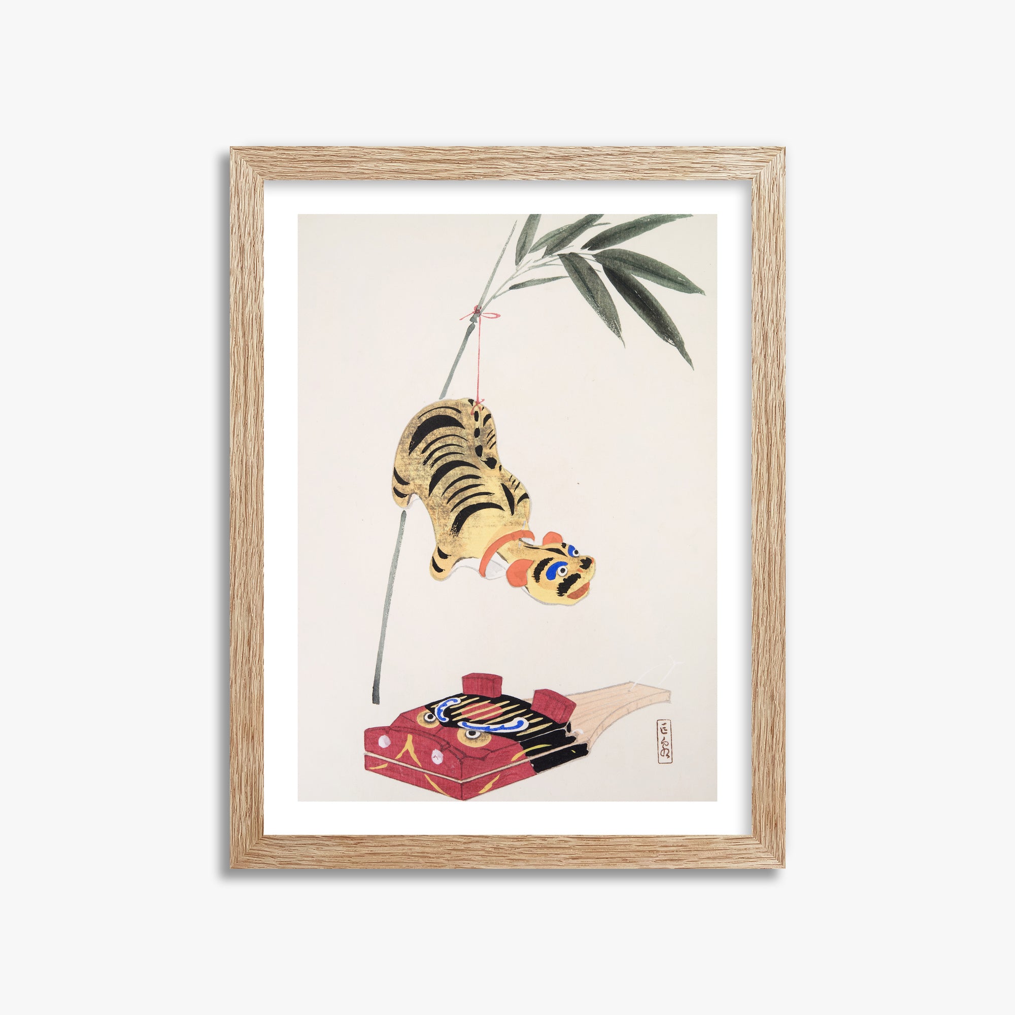 Kawasaki Kyosen: Kyosen’s Collected Illustrations of Japanese Toys Nr. 98 ("Golden Tiger Swing"), 30x40cm Framed Art Reproduction With Raw Oak Frame