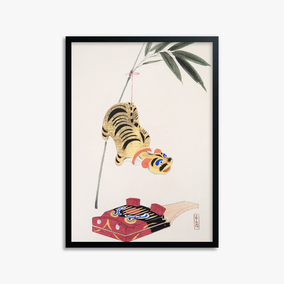 Kawasaki Kyosen: Kyosen’s Collected Illustrations of Japanese Toys Nr. 98 ("Golden Tiger Swing"), 50x70cm Framed Art Reproduction With Black Frame