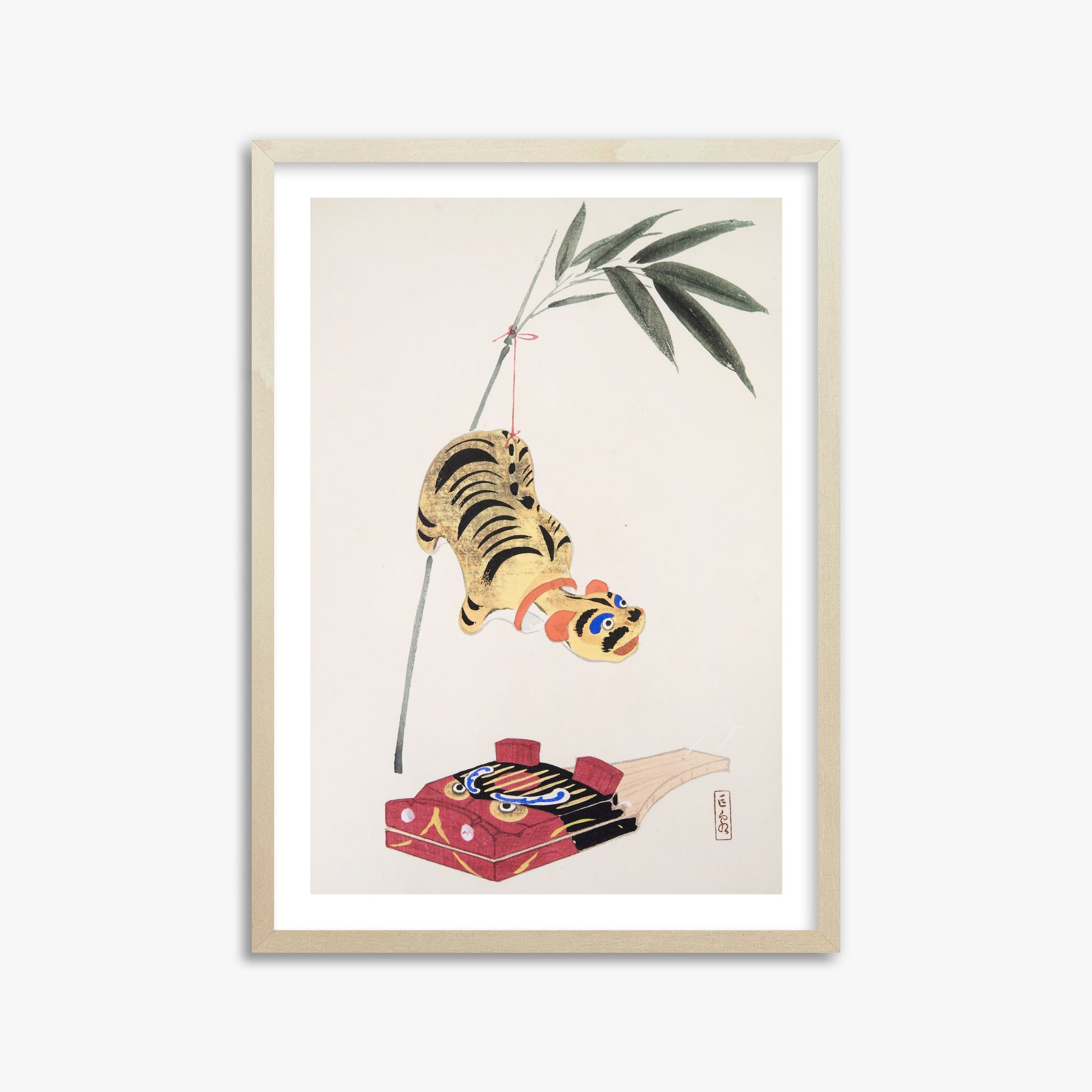 Kawasaki Kyosen: Kyosen’s Collected Illustrations of Japanese Toys Nr. 98 ("Golden Tiger Swing"), 50x70cm Framed Art Reproduction With Lime Wood Frame