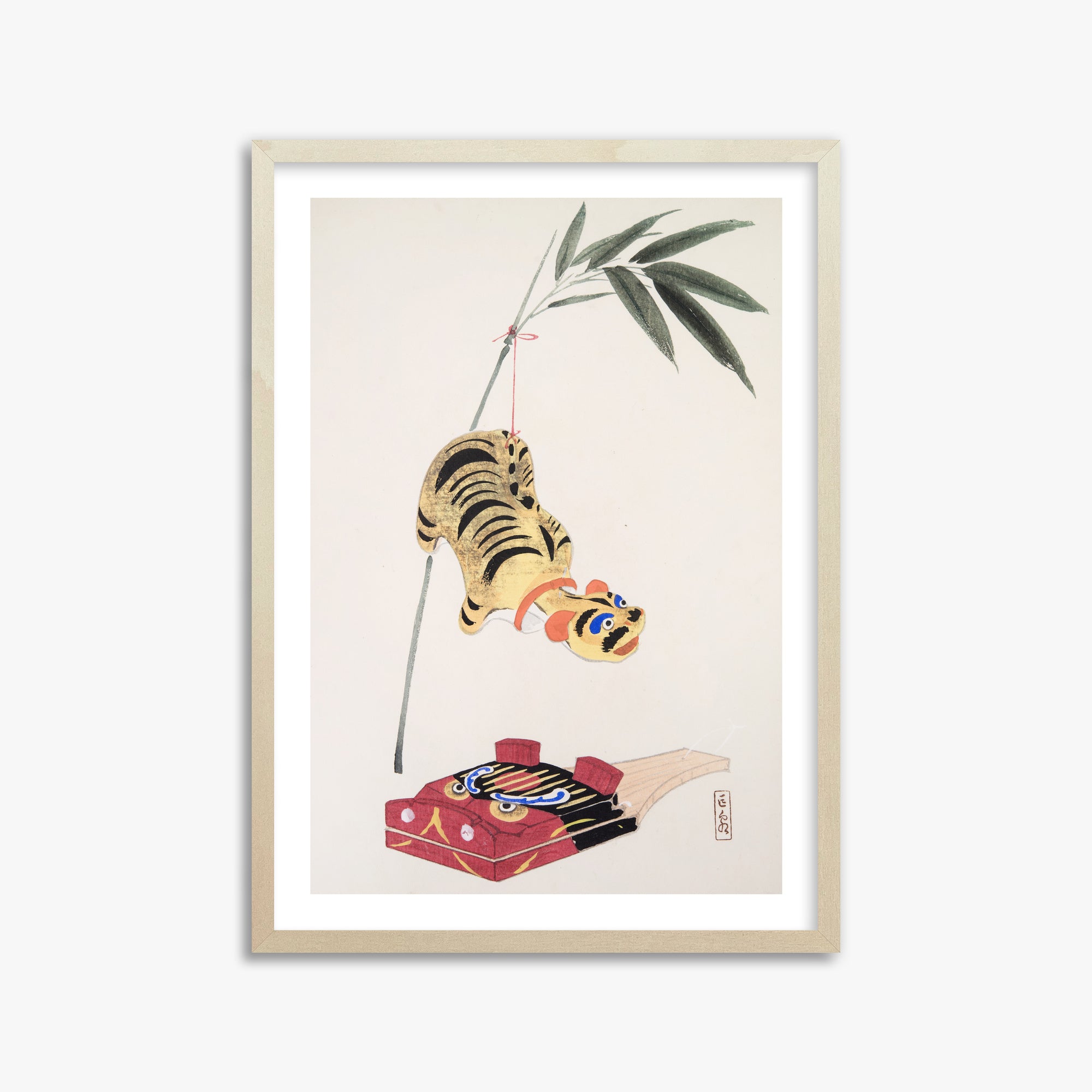 Kawasaki Kyosen: Kyosen’s Collected Illustrations of Japanese Toys Nr. 98 ("Golden Tiger Swing"), 50x70cm Framed Art Reproduction With Lime Wood Frame