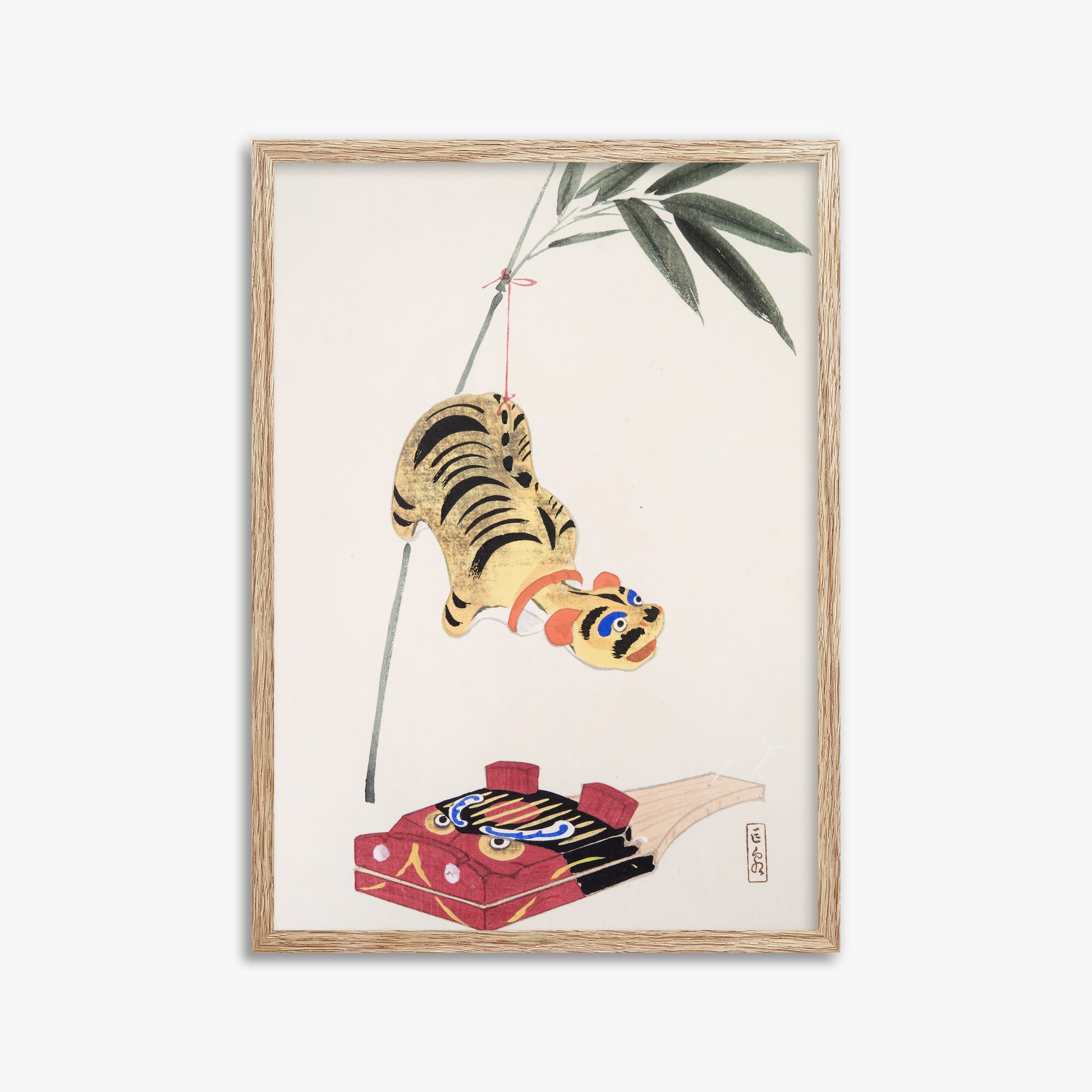 Kawasaki Kyosen: Kyosen’s Collected Illustrations of Japanese Toys Nr. 98 ("Golden Tiger Swing"), 50x70cm Framed Art Reproduction With Raw Oak Frame