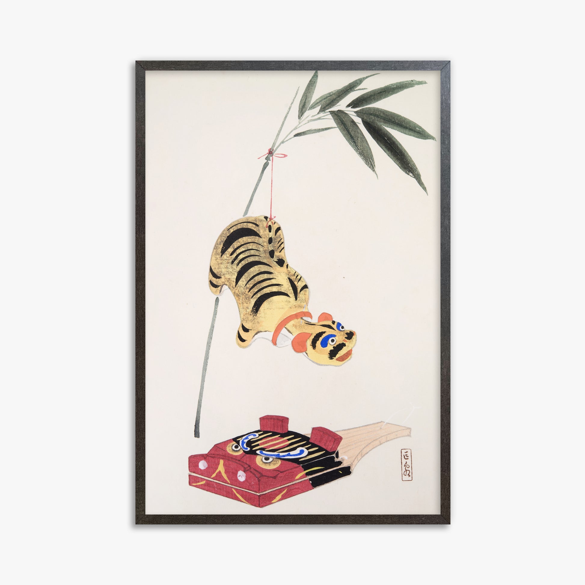 Kawasaki Kyosen: Kyosen’s Collected Illustrations of Japanese Toys Nr. 98 ("Golden Tiger Swing"), 61x91cm Framed Art Reproduction With Espresso Frame