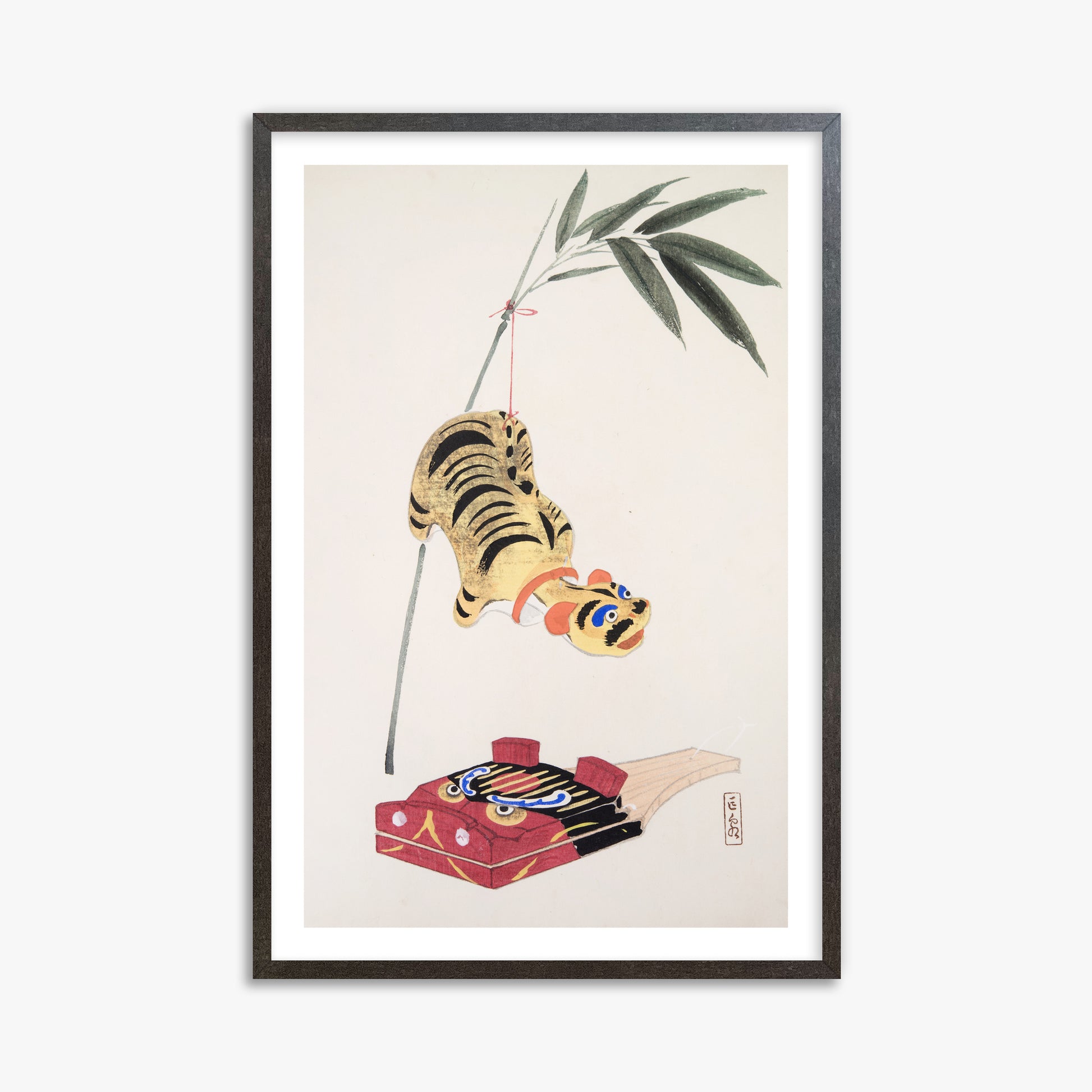 Kawasaki Kyosen: Kyosen’s Collected Illustrations of Japanese Toys Nr. 98 ("Golden Tiger Swing"), 61x91cm Framed Art Reproduction With Espresso Frame