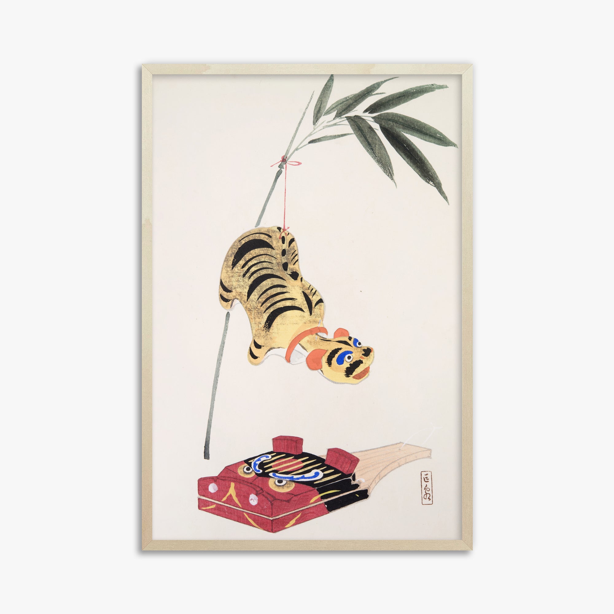 Kawasaki Kyosen: Kyosen’s Collected Illustrations of Japanese Toys Nr. 98 ("Golden Tiger Swing"), 61x91cm Framed Art Reproduction With Lime Wood Frame