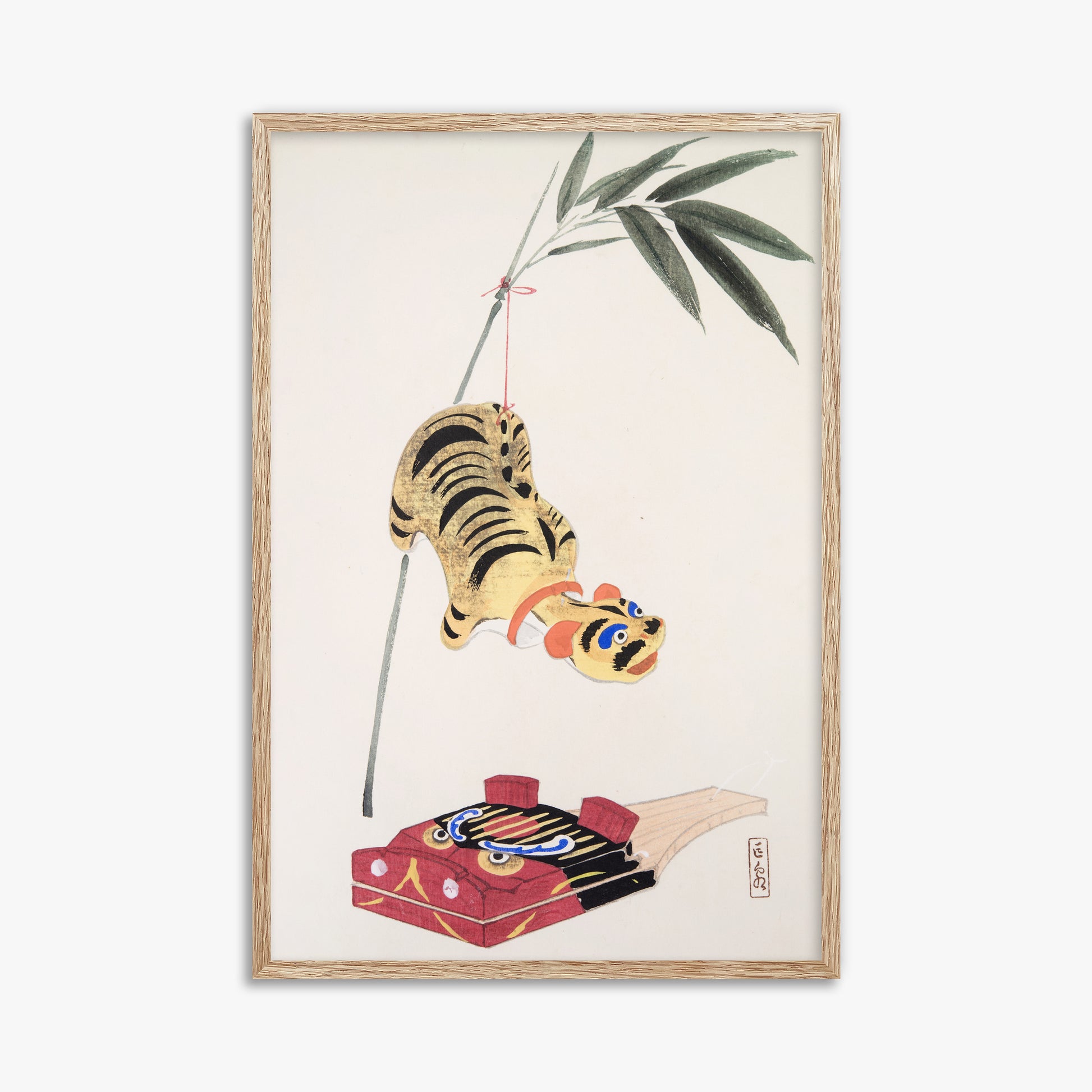 Kawasaki Kyosen: Kyosen’s Collected Illustrations of Japanese Toys Nr. 98 ("Golden Tiger Swing"), 61x91cm Framed Art Reproduction With Raw Oak Frame