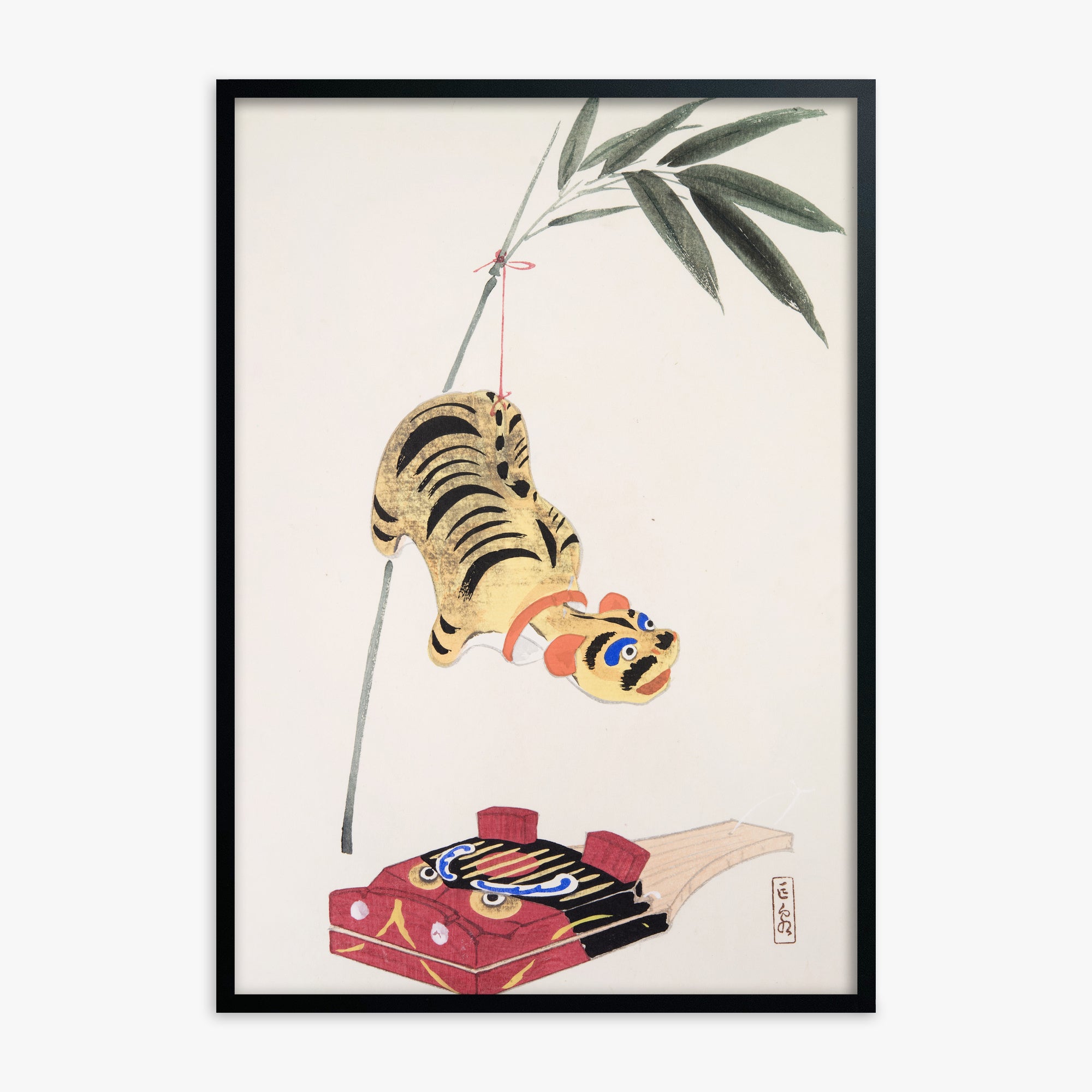 Kawasaki Kyosen: Kyosen’s Collected Illustrations of Japanese Toys Nr. 98 ("Golden Tiger Swing"), Black Framed Art Reproduction With Black Frame