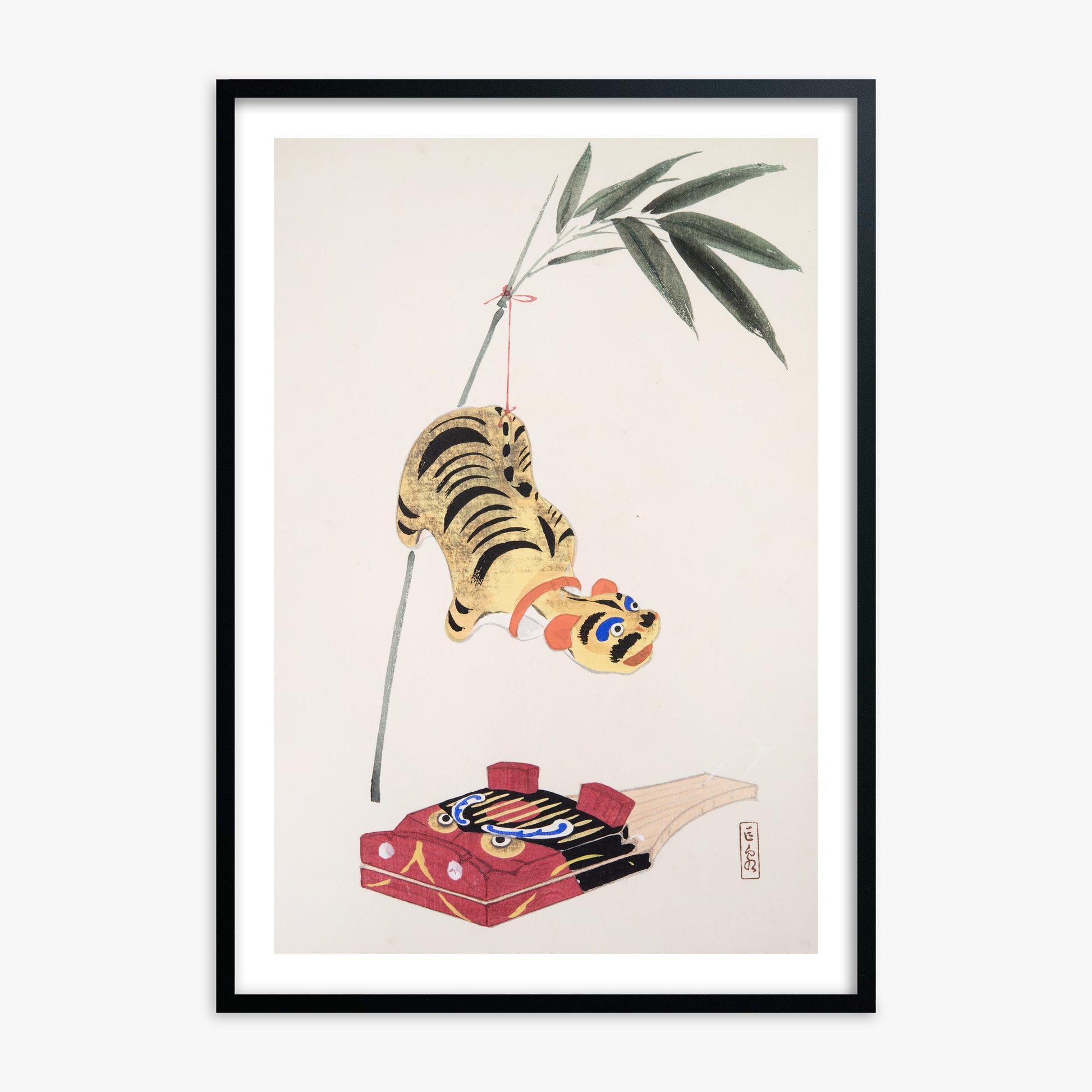 Kawasaki Kyosen: Kyosen’s Collected Illustrations of Japanese Toys Nr. 98 ("Golden Tiger Swing"), Black Framed Art Reproduction With Black Frame