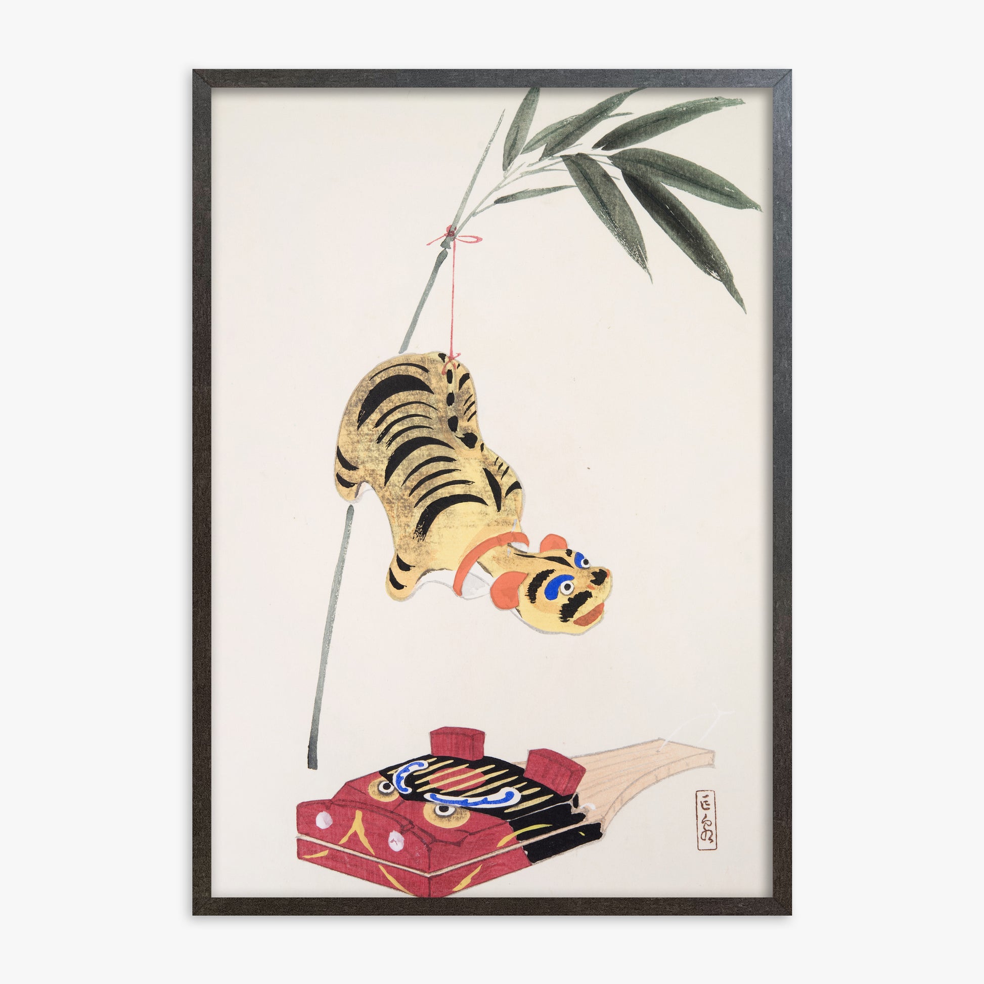 Kawasaki Kyosen: Kyosen’s Collected Illustrations of Japanese Toys Nr. 98 ("Golden Tiger Swing"), 70x100cm Framed Art Reproduction With Espresso Frame