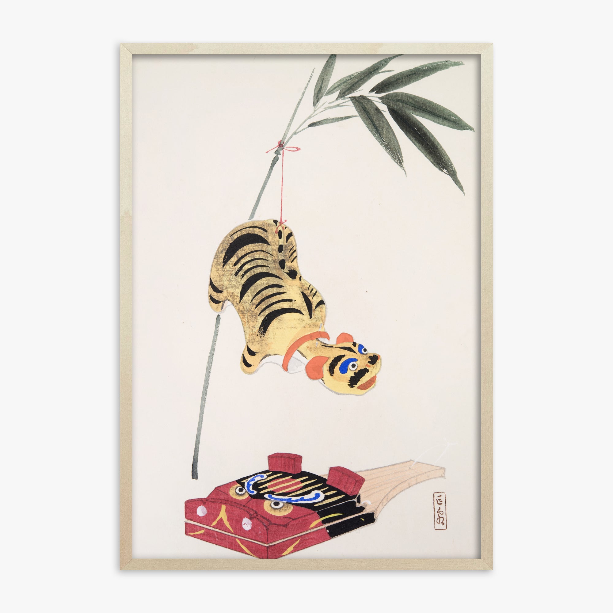 Kawasaki Kyosen: Kyosen’s Collected Illustrations of Japanese Toys Nr. 98 ("Golden Tiger Swing"), 70x100cm Framed Art Reproduction With Lime Wood Frame