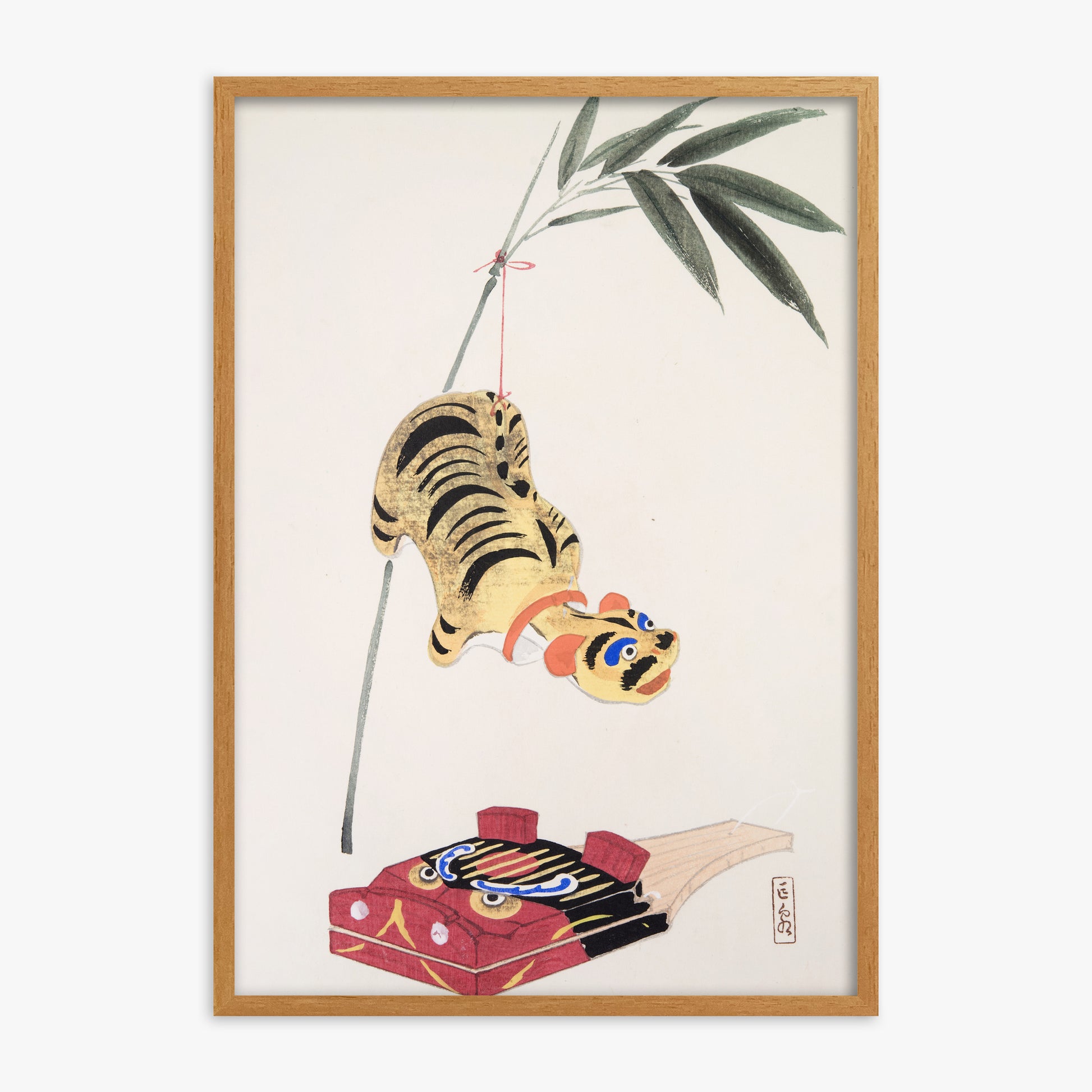 Kawasaki Kyosen: Kyosen’s Collected Illustrations of Japanese Toys Nr. 98 ("Golden Tiger Swing"), Oak Framed Art Reproduction With Oak Frame