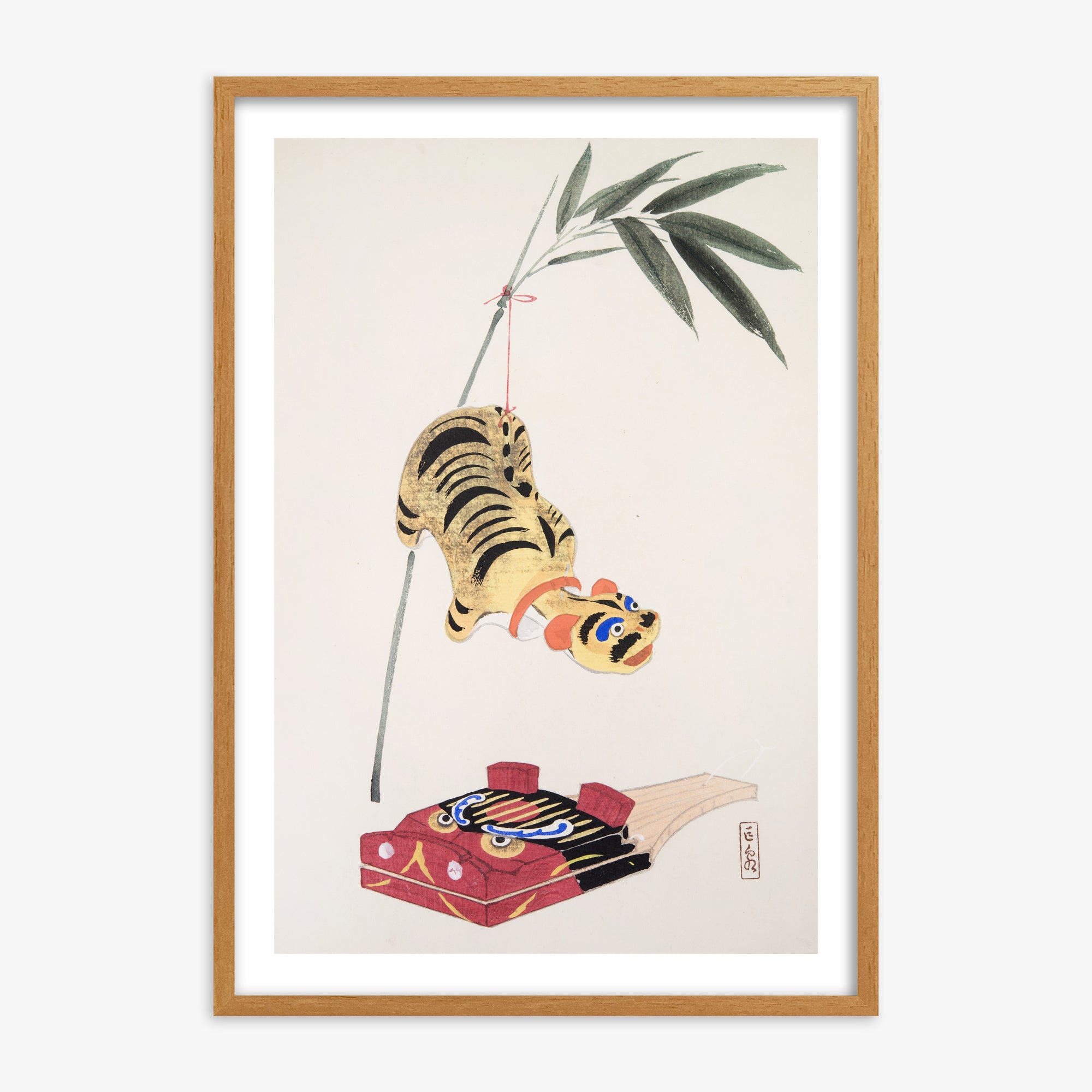 Kawasaki Kyosen: Kyosen’s Collected Illustrations of Japanese Toys Nr. 98 ("Golden Tiger Swing"), Oak Framed Art Reproduction With Oak Frame